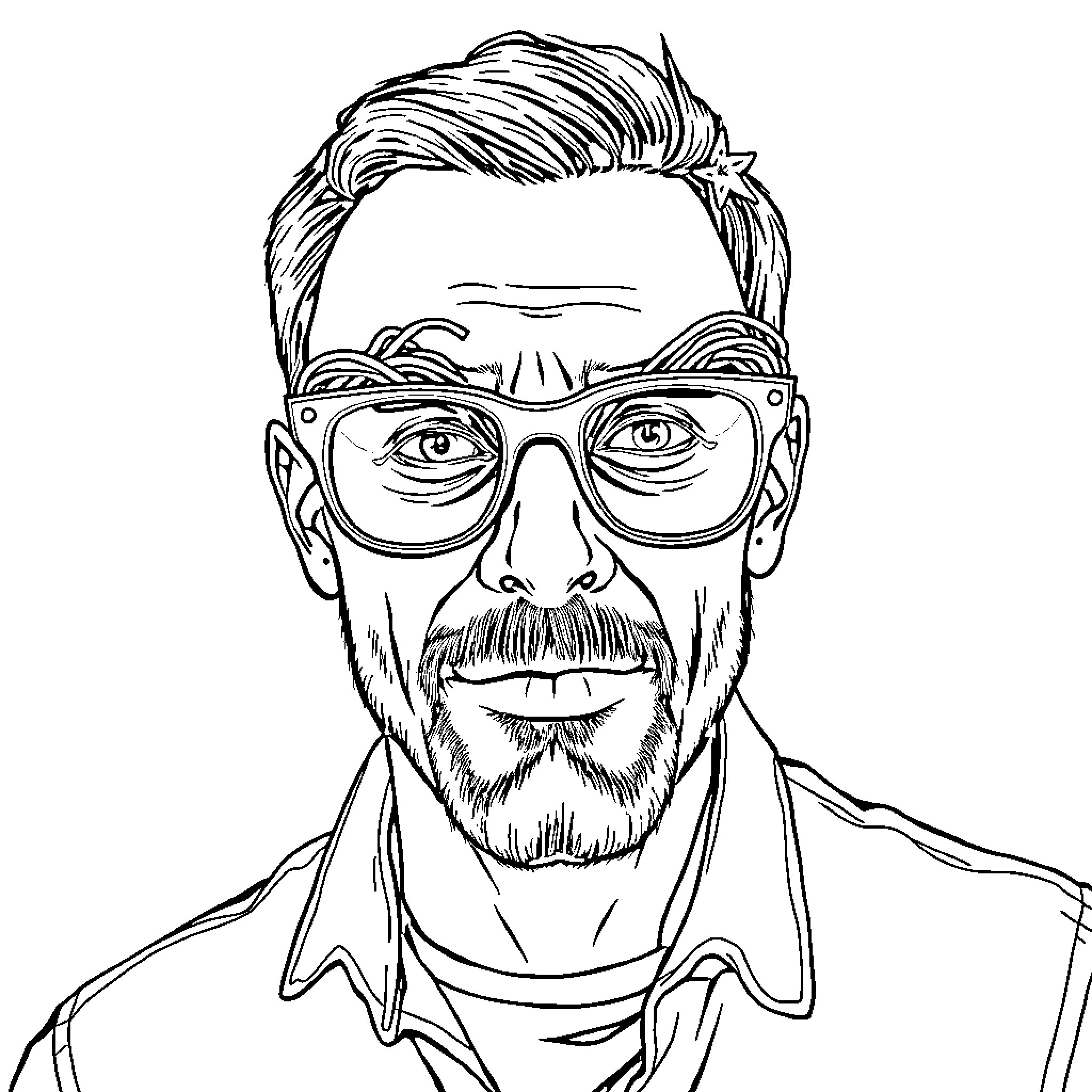 Man with glasses and facial hair in contemplative pose Coloring Page (free black-and-white line drawing printable PDF for all, from beginners to advanced learners, including children, teens, adults, and seniors)