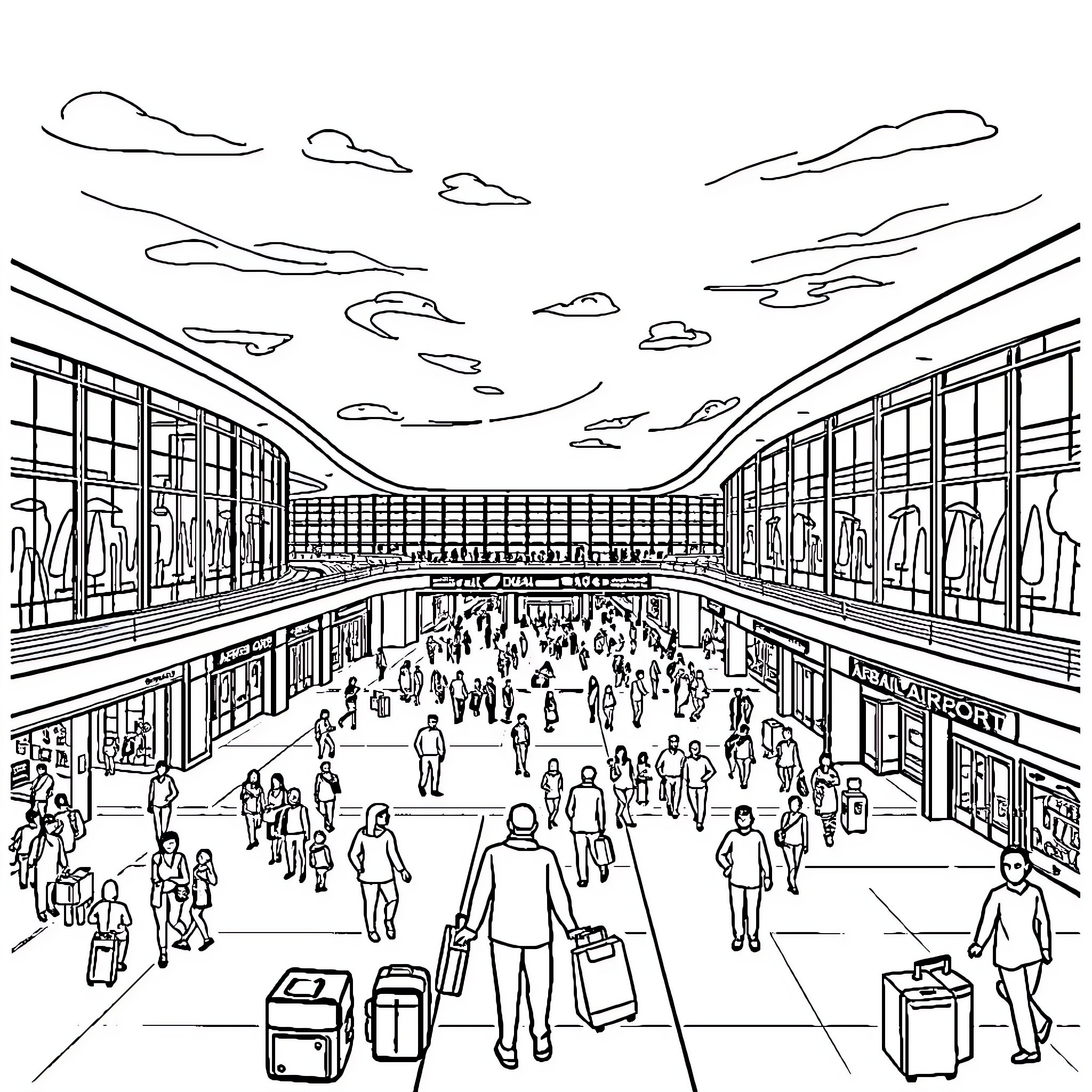 Airport Bustling With Travelers and Activity Coloring Page (free black-and-white line drawing printable PDF for all, from beginners to advanced learners, including children, teens, adults, and seniors)