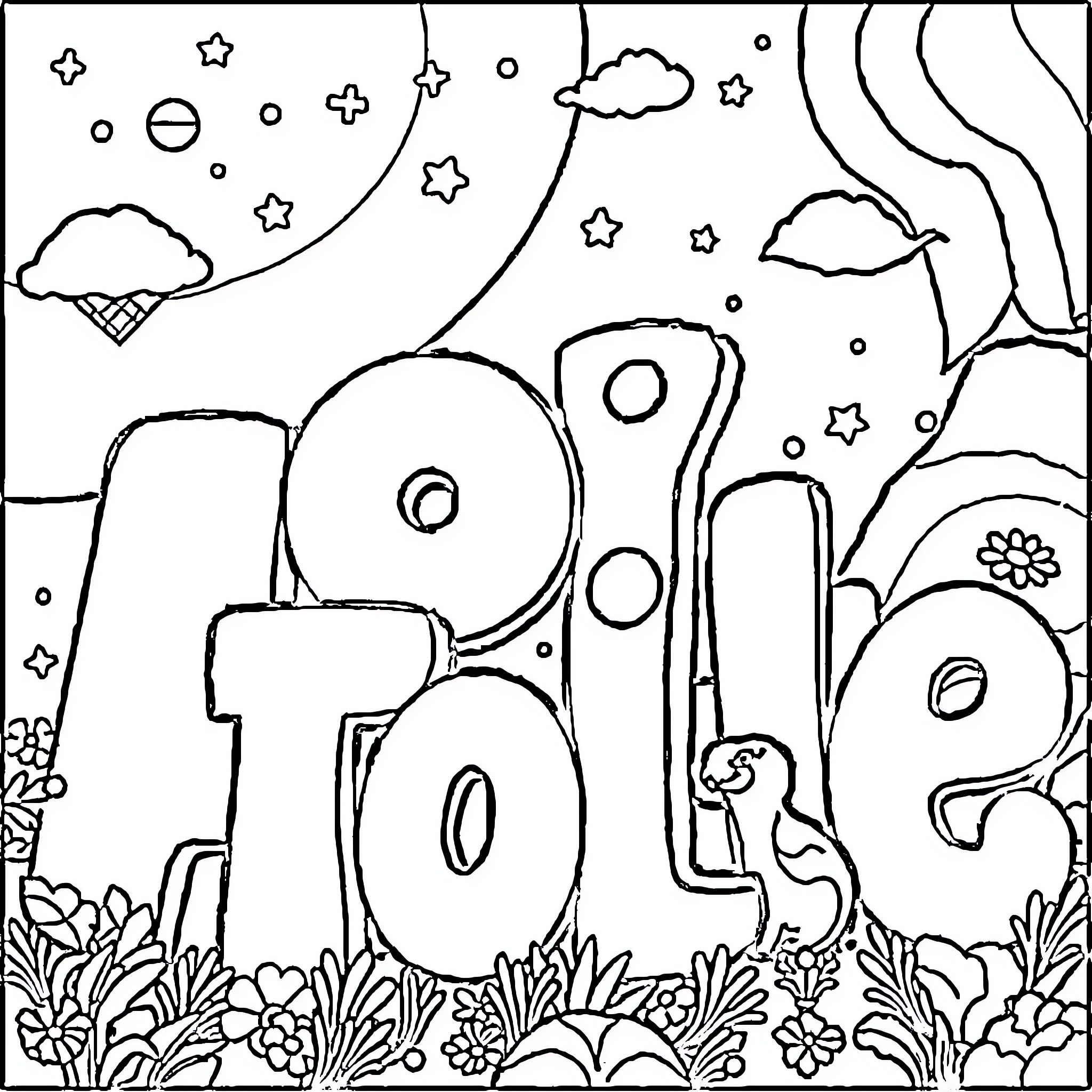 Alphabet Doodle with Playful Shapes and Nature Elements Coloring Page (free black-and-white line drawing printable PDF for all, from beginners to advanced learners, including children, teens, adults, and seniors)