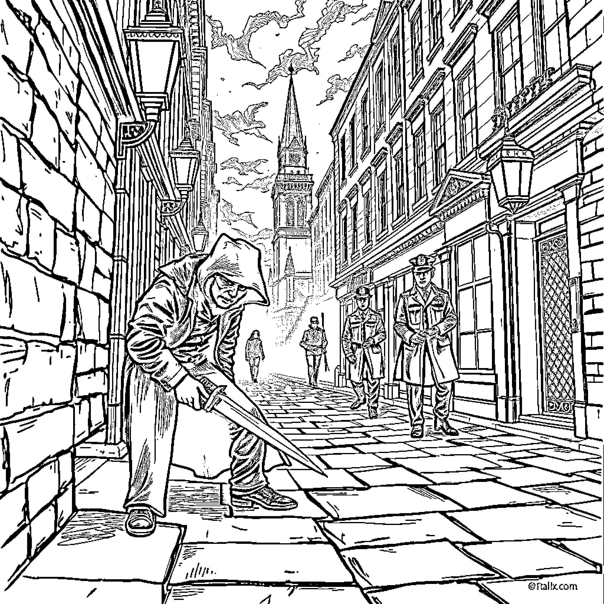 Jack the Ripper prowling the foggy London streets Coloring Page (free black-and-white line drawing printable PDF for all, from beginners to advanced learners, including children, teens, adults, and seniors)