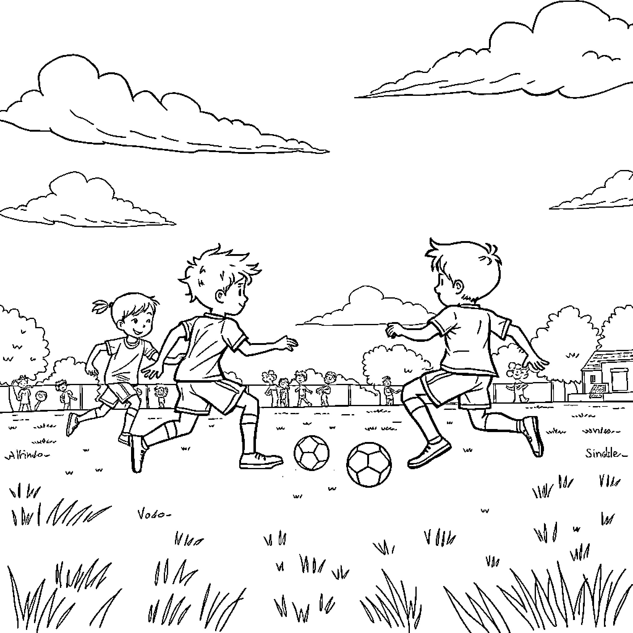 Kids playing soccer outdoors on grassy field Coloring Page (free black-and-white line drawing printable PDF for all, from beginners to advanced learners, including children, teens, adults, and seniors)