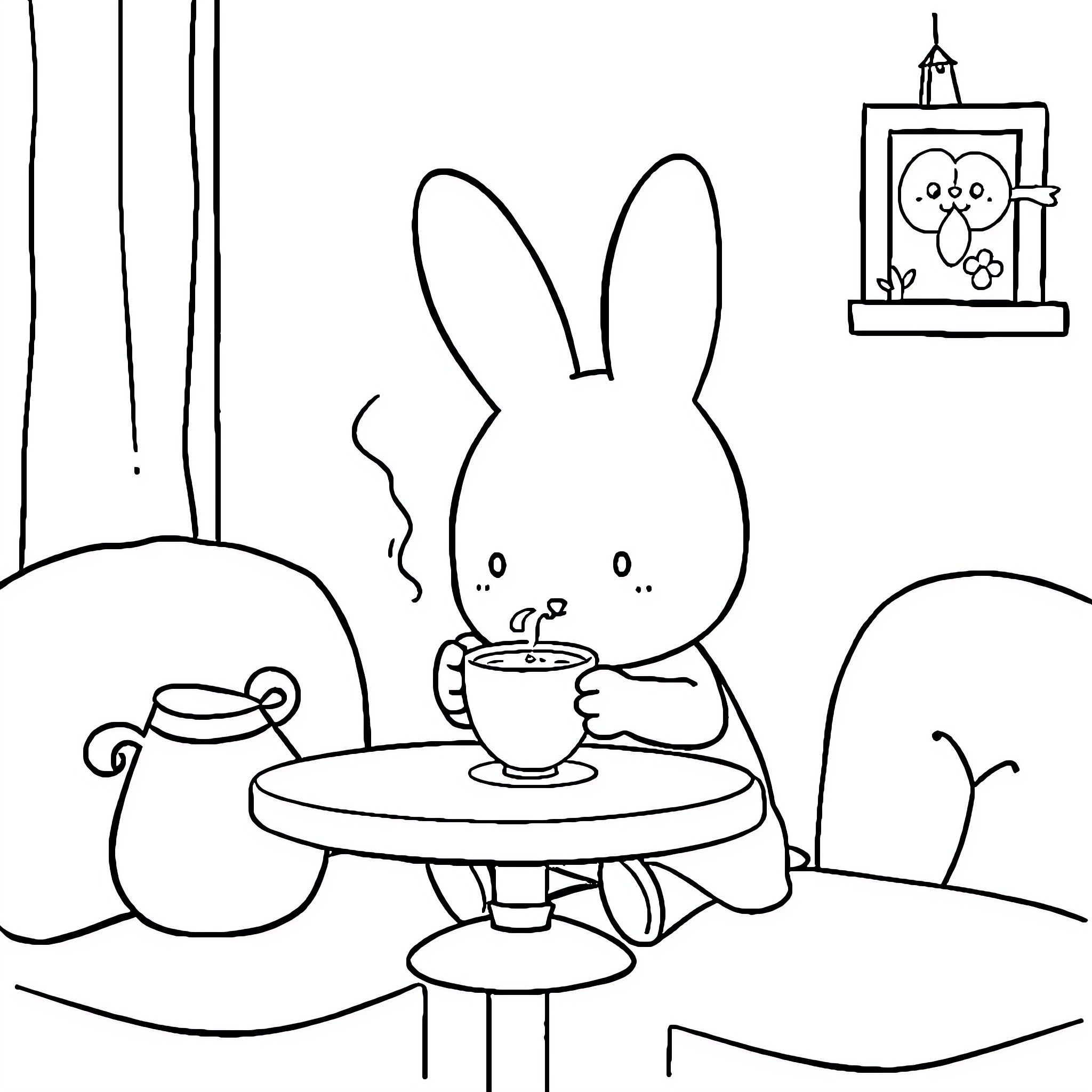 Miffy enjoys a warm beverage in cozy setting Coloring Page (free black-and-white line drawing printable PDF for all, from beginners to advanced learners, including children, teens, adults, and seniors)