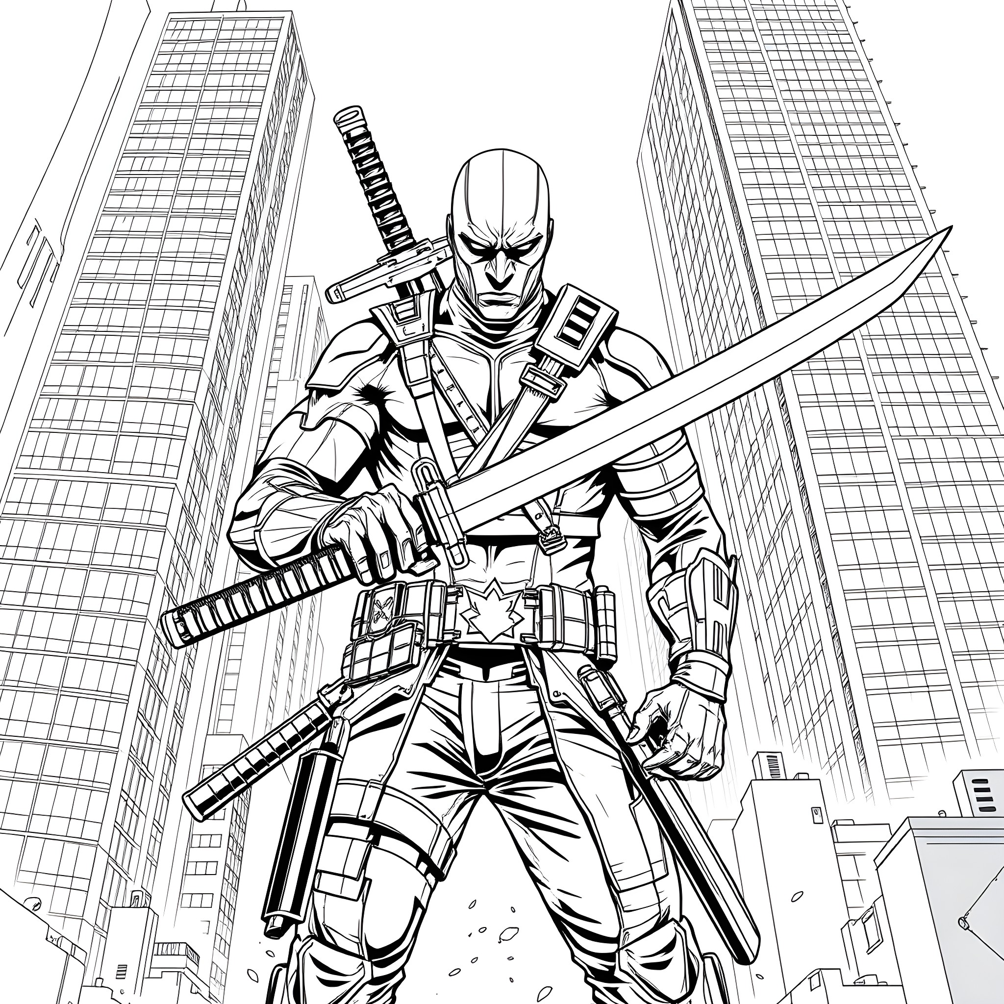 Deathstroke Unleashed in the City of Steel Coloring Page (free black-and-white line drawing printable PDF for all, from beginners to advanced learners, including children, teens, adults, and seniors)