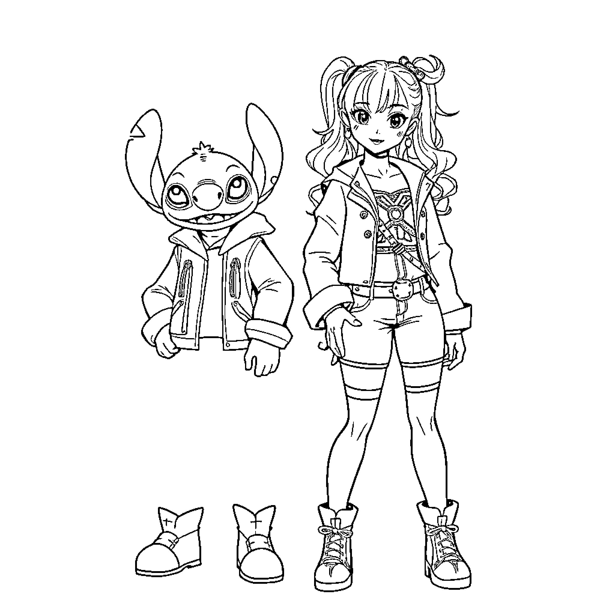 Kpop Demon Hunter girl and her friendly creature companion Coloring Page (free black-and-white line drawing printable PDF for all, from beginners to advanced learners, including children, teens, adults, and seniors)