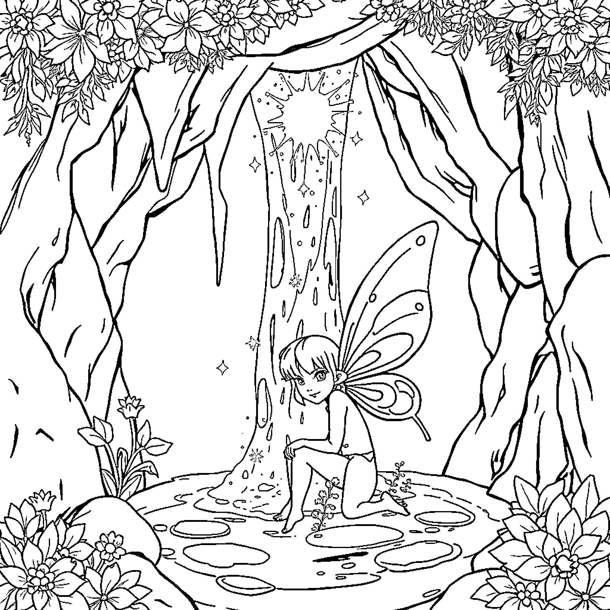 Fairy exploring a magical forest Coloring Page (free black-and-white line drawing printable PDF for all, from beginners to advanced learners, including children, teens, adults, and seniors)