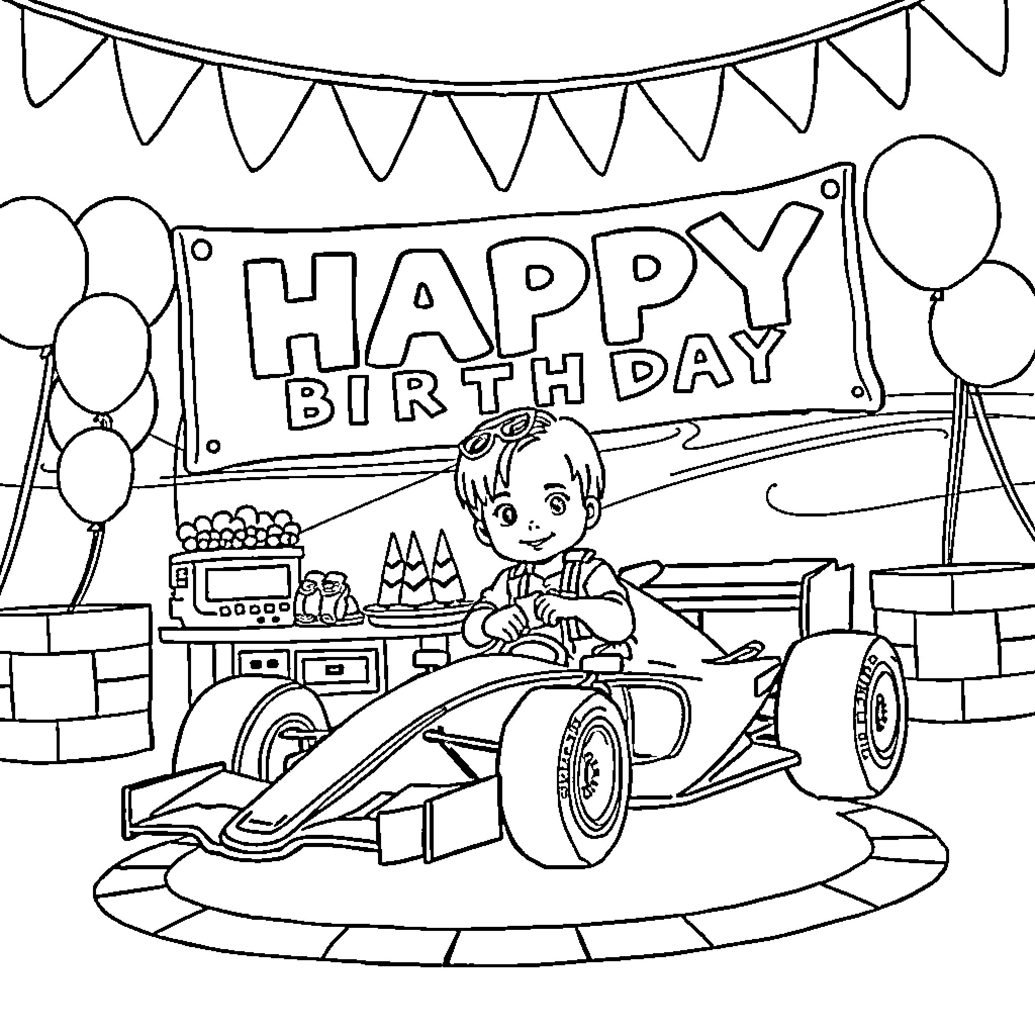 F1 Racecars and Festive Birthday Party Coloring Page (free black-and-white line drawing printable PDF for all, from beginners to advanced learners, including children, teens, adults, and seniors)