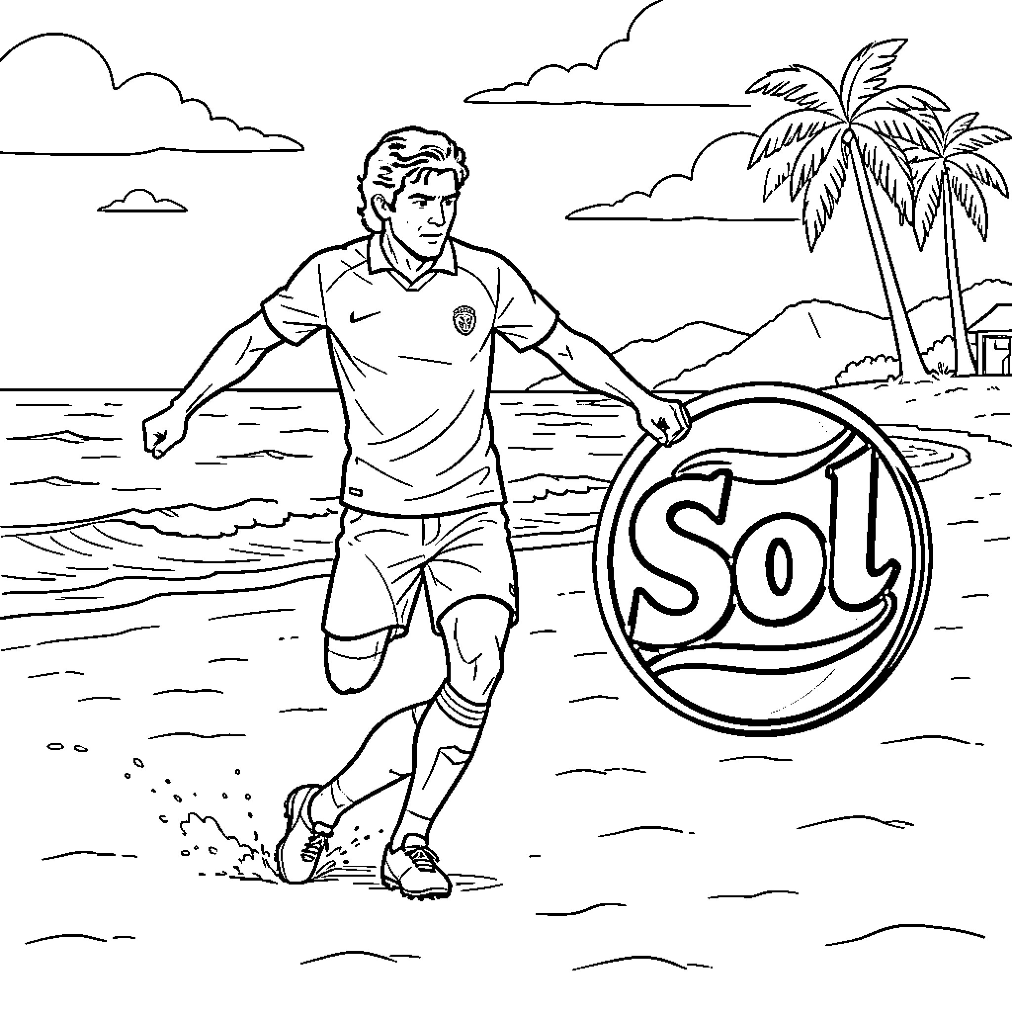 Futbolista playing soccer on a tropical beach Coloring Page (free black-and-white line drawing printable PDF for all, from beginners to advanced learners, including children, teens, adults, and seniors)