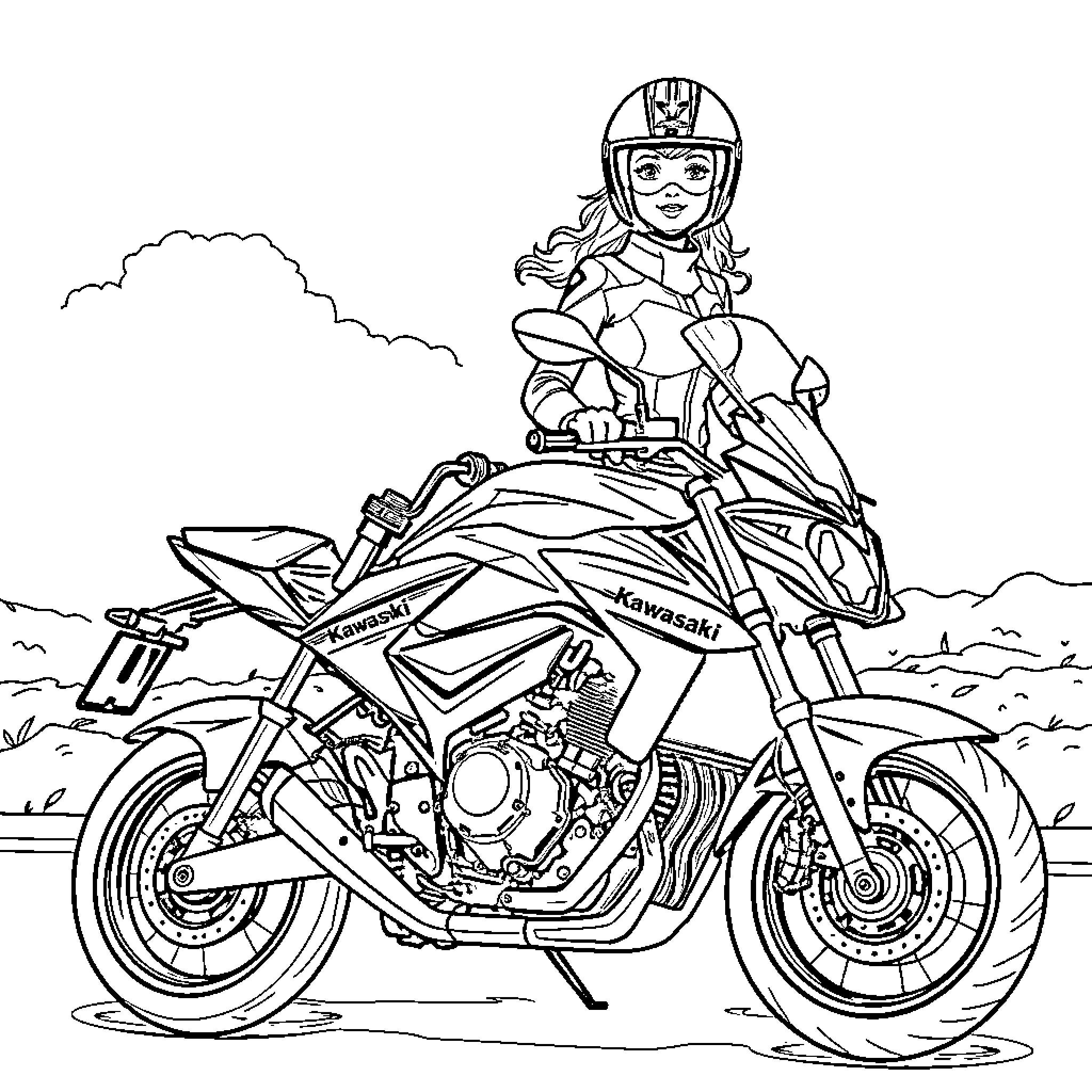 Motorcycle rider performing stunts on the road Coloring Page (free black-and-white line drawing printable PDF for all, from beginners to advanced learners, including children, teens, adults, and seniors)