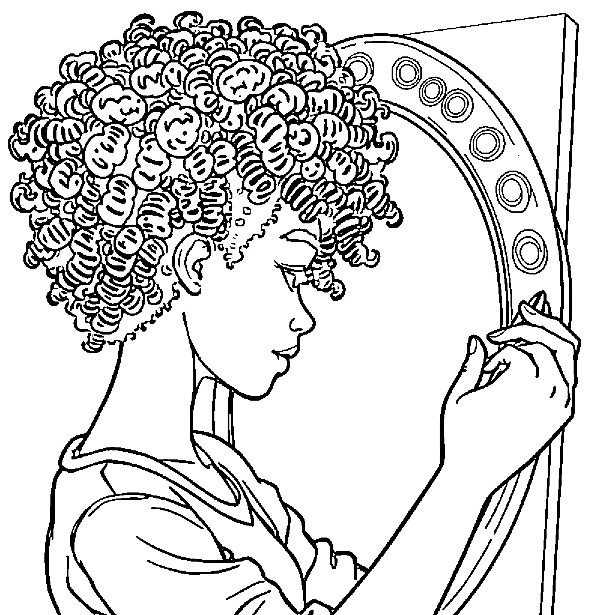Girl gazing at herself in mirror with elaborate hairstyle Coloring Page (free black-and-white line drawing printable PDF for all, from beginners to advanced learners, including children, teens, adults, and seniors)