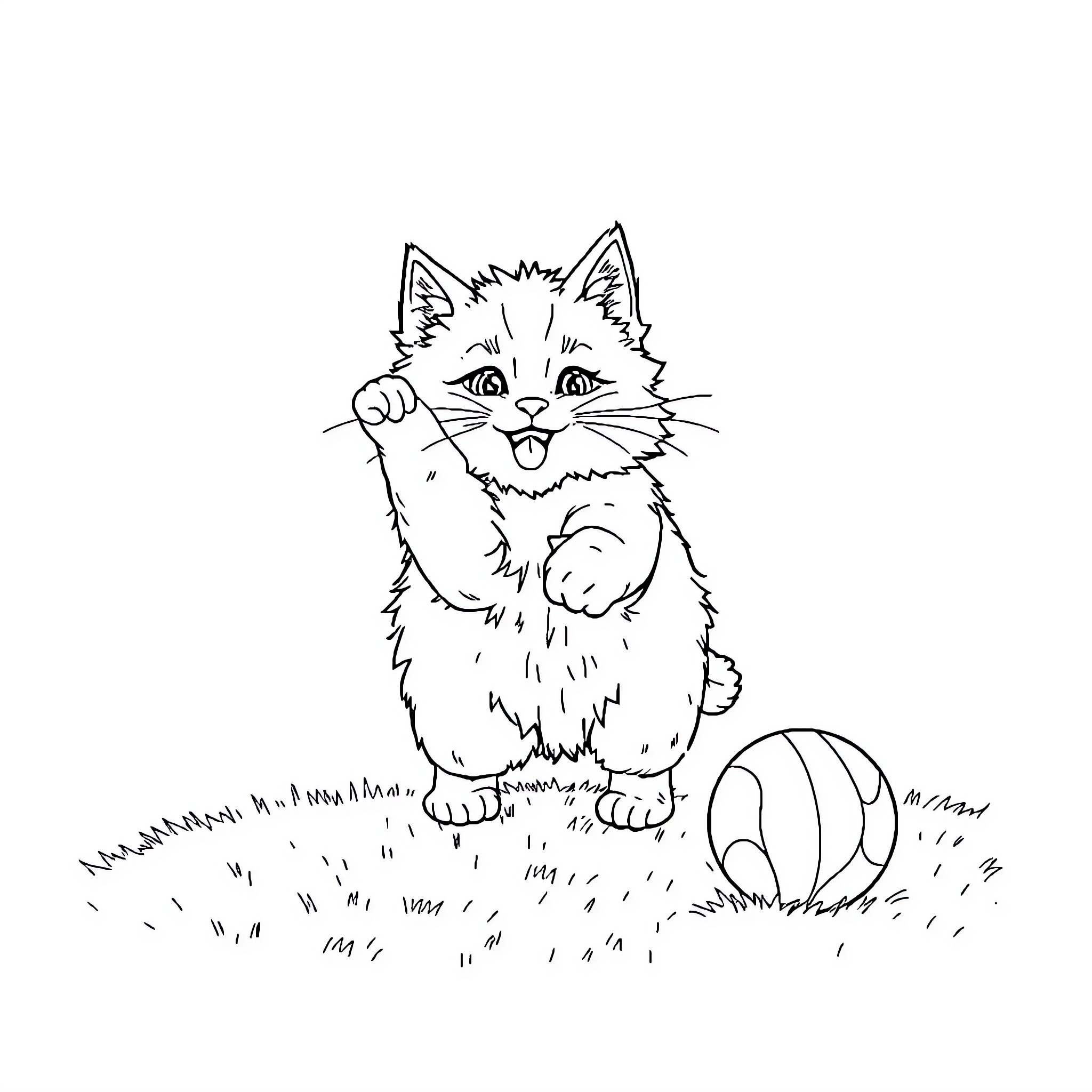 Cat chasing a ball of yarn Coloring Page (free black-and-white line drawing printable PDF for all, from beginners to advanced learners, including children, teens, adults, and seniors)