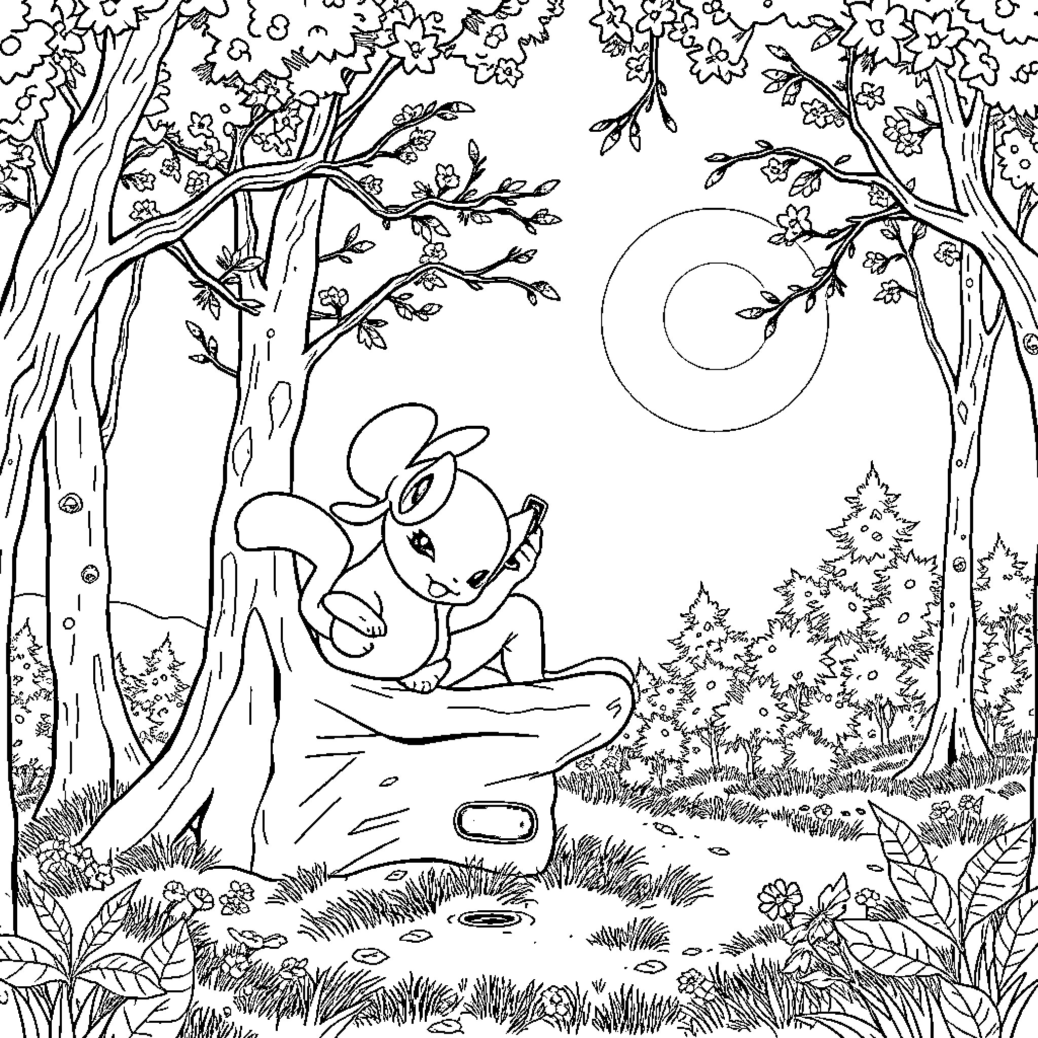 Person resting peacefully in a serene forest landscape Coloring Page (free black-and-white line drawing printable PDF for all, from beginners to advanced learners, including children, teens, adults, and seniors)