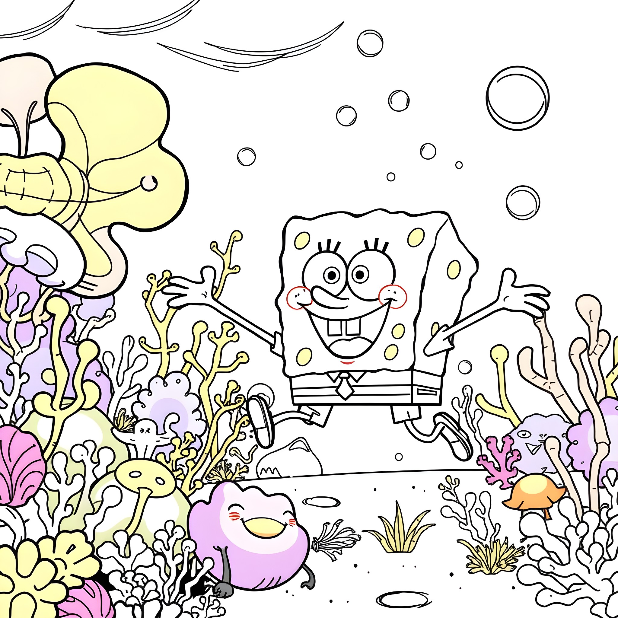 Spongebob and friends exploring the underwater world Coloring Page (free black-and-white line drawing printable PDF for all, from beginners to advanced learners, including children, teens, adults, and seniors)