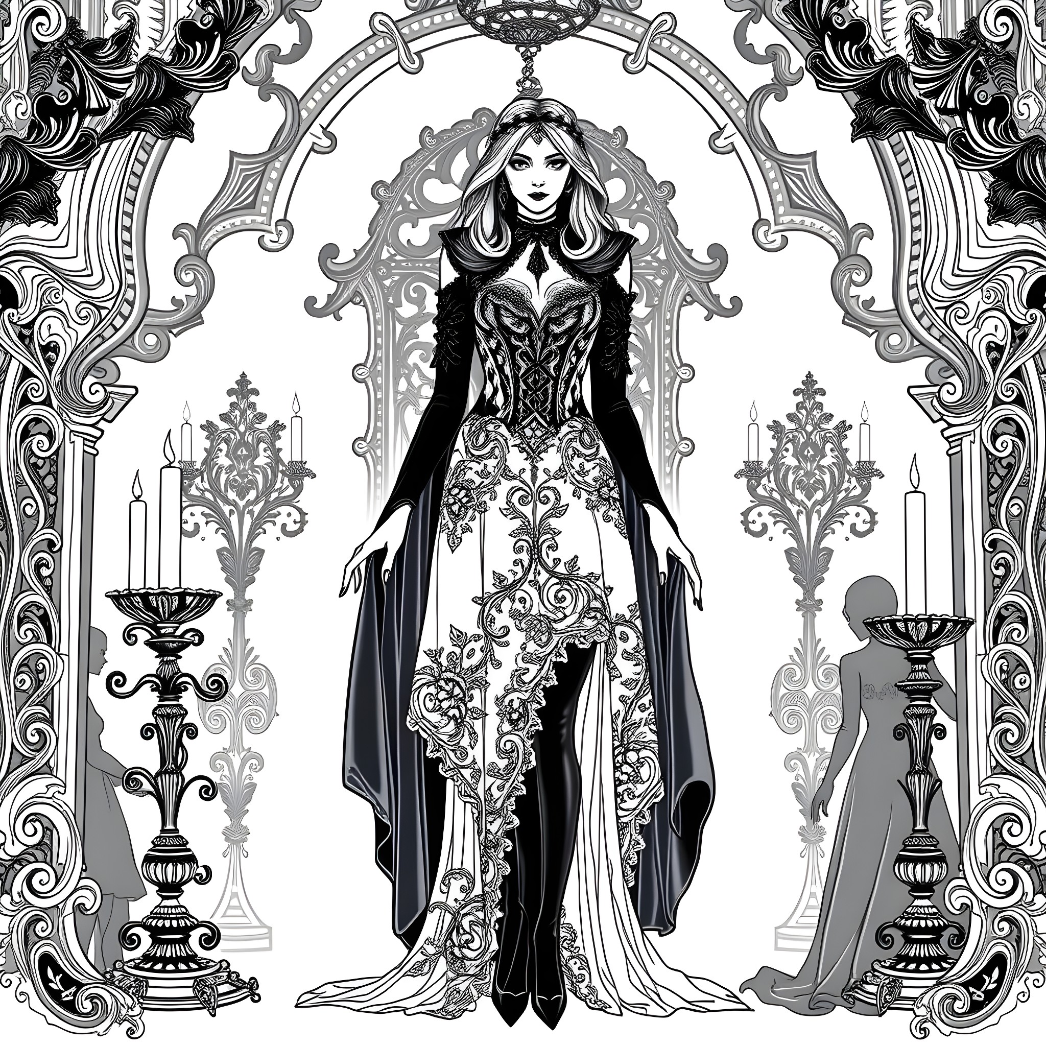 Woman in ornate gothic-style dress posing in an elegant setting Coloring Page (free black-and-white line drawing printable PDF for all, from beginners to advanced learners, including children, teens, adults, and seniors)