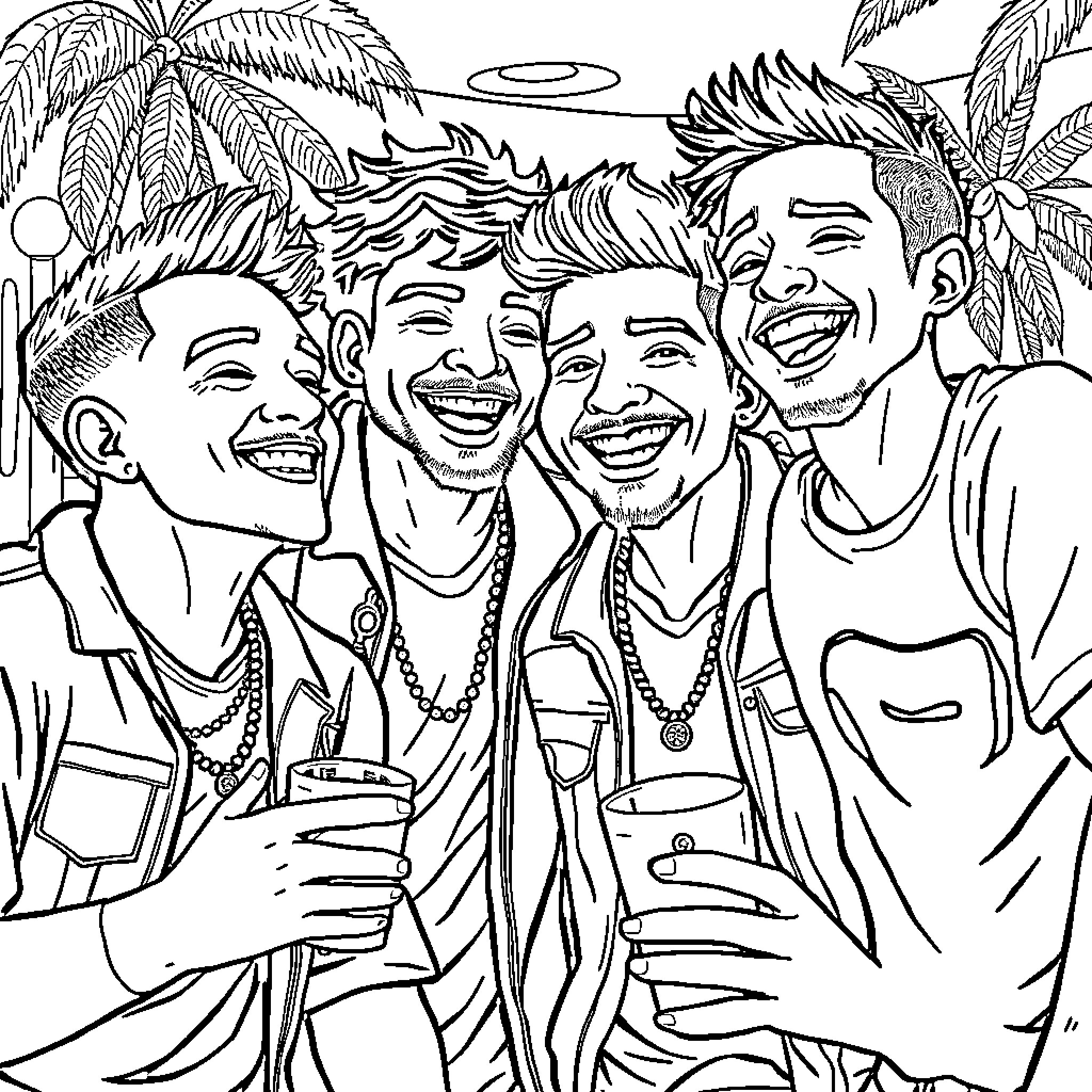 Saja Boy: Trio of friends having a joyful time Coloring Page (free black-and-white line drawing printable PDF for all, from beginners to advanced learners, including children, teens, adults, and seniors)