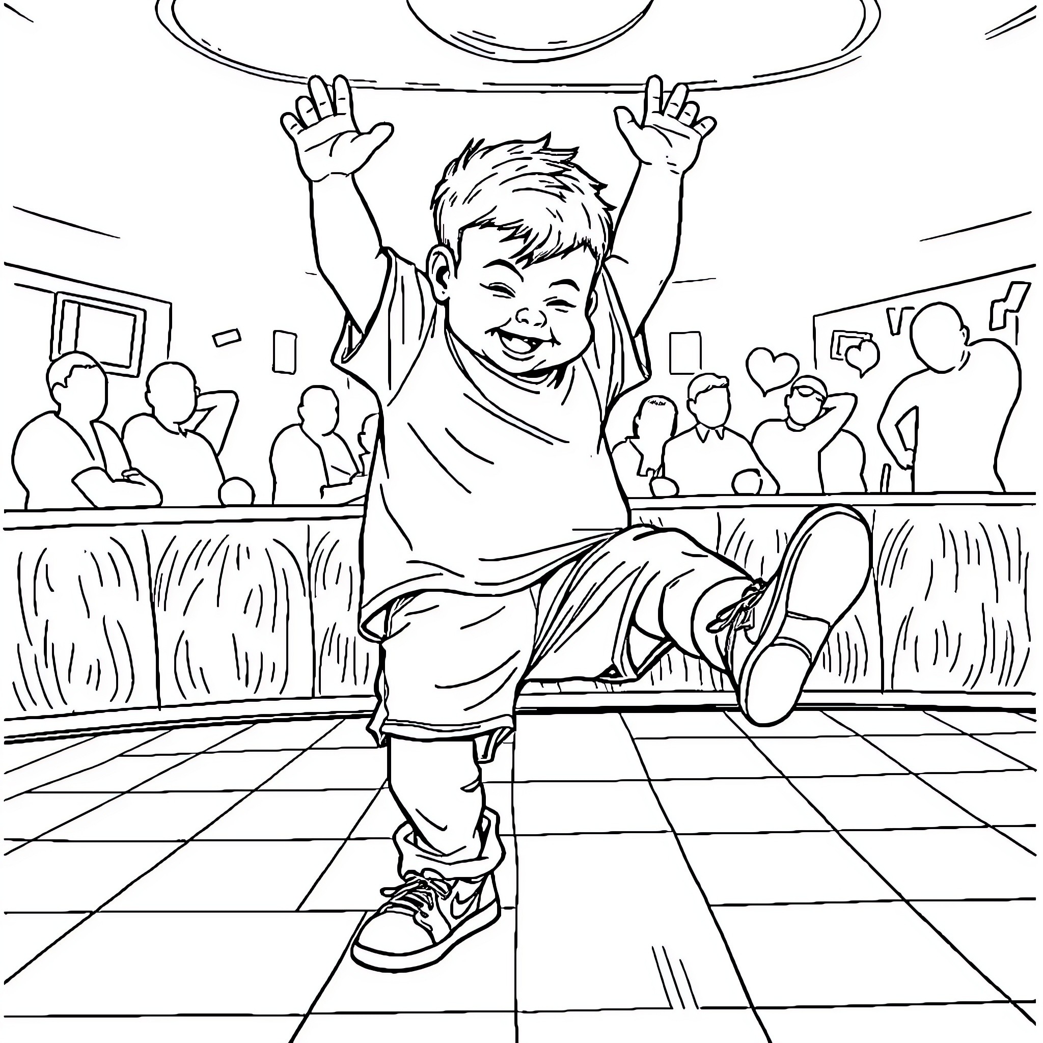 Kid celebrating in a crowded venue Coloring Page (free black-and-white line drawing printable PDF for all, from beginners to advanced learners, including children, teens, adults, and seniors)