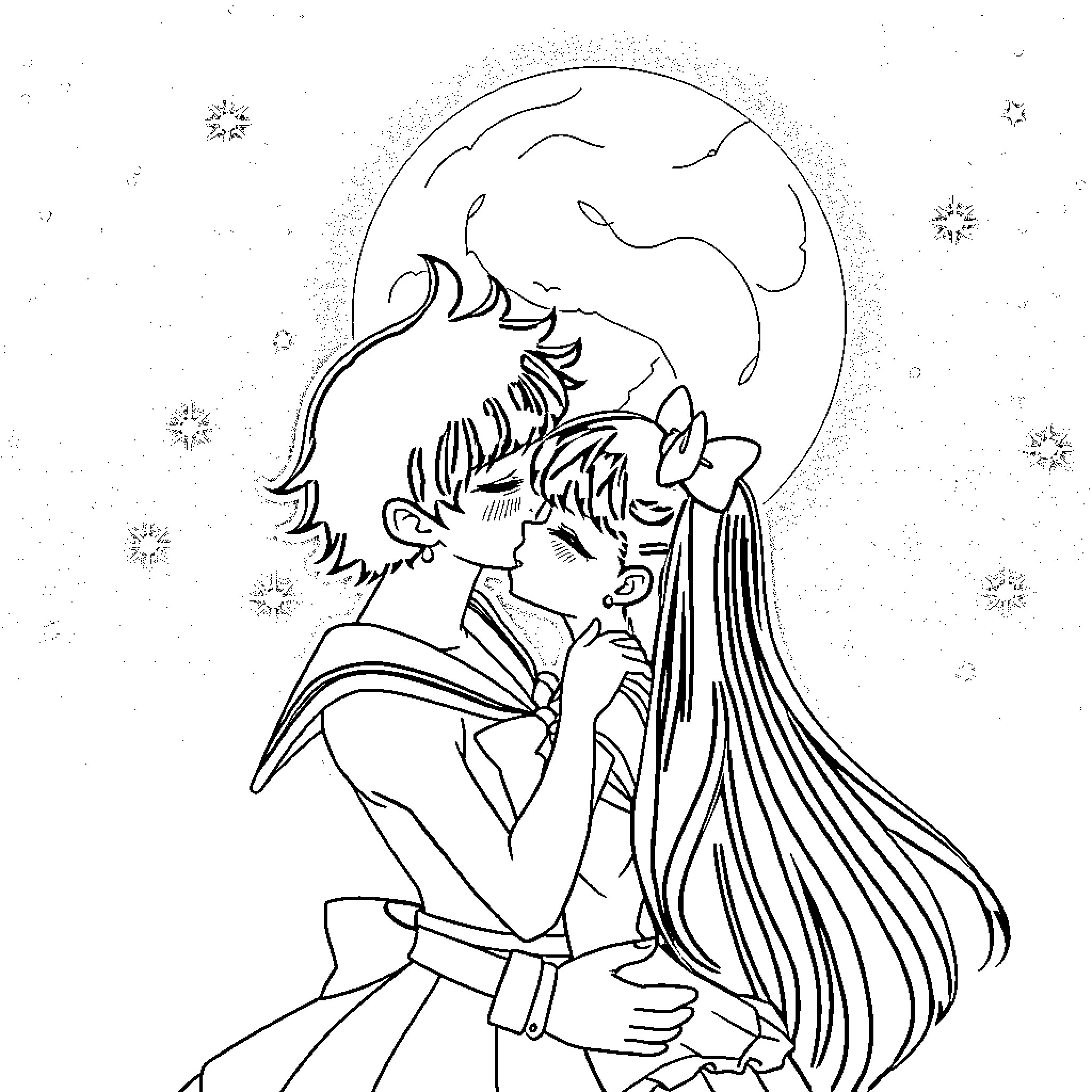 Piccolo romantic moment under the moonlight Coloring Page (free black-and-white line drawing printable PDF for all, from beginners to advanced learners, including children, teens, adults, and seniors)