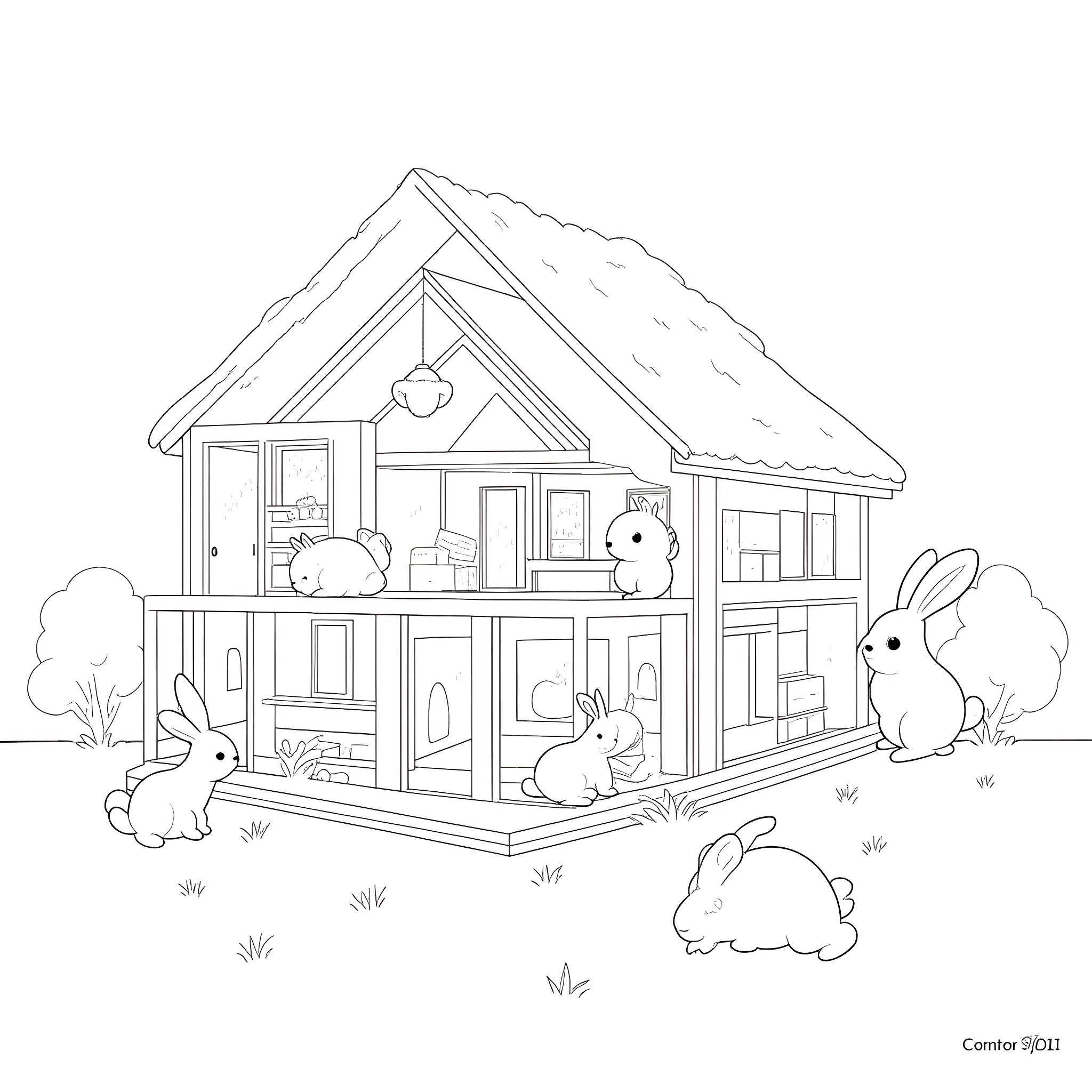 Bunny family playing in the cozy cottage Coloring Page (free black-and-white line drawing printable PDF for all, from beginners to advanced learners, including children, teens, adults, and seniors)
