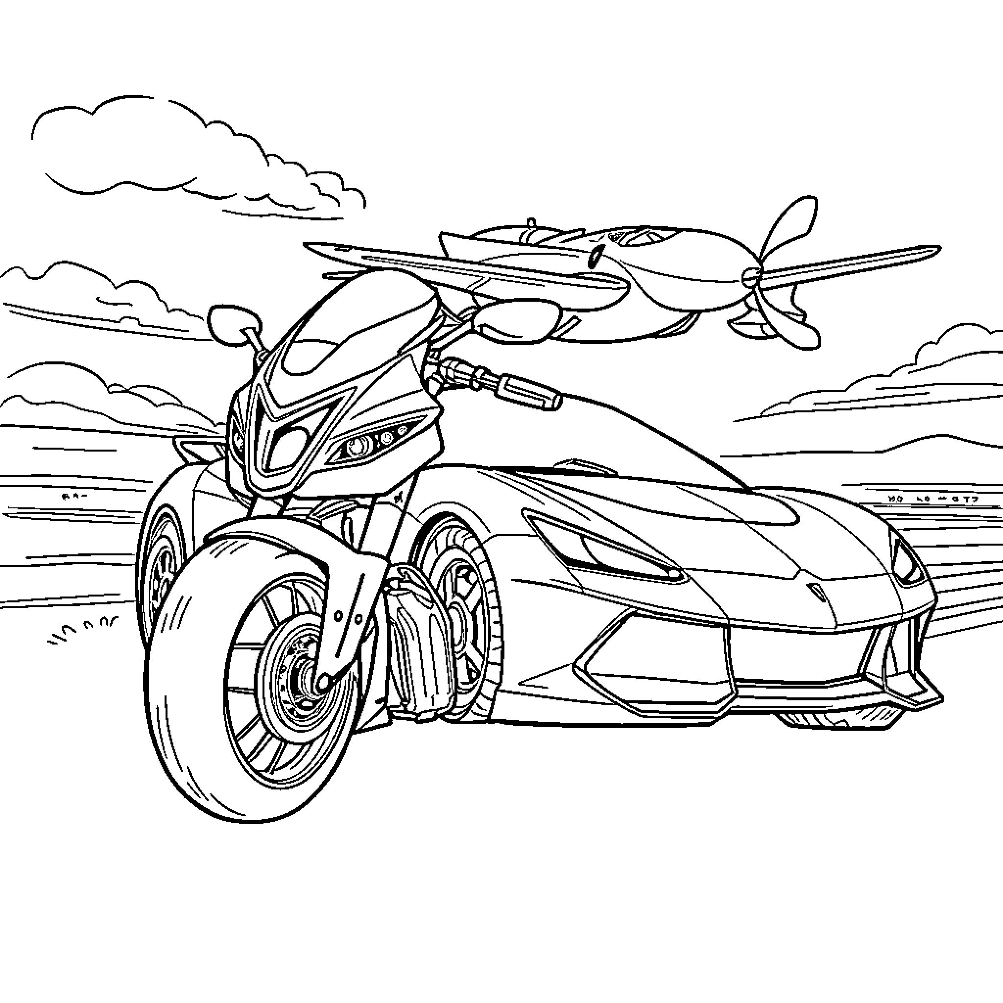 Voiture futuriste et avion dans le ciel Coloring Page (free black-and-white line drawing printable PDF for all, from beginners to advanced learners, including children, teens, adults, and seniors)