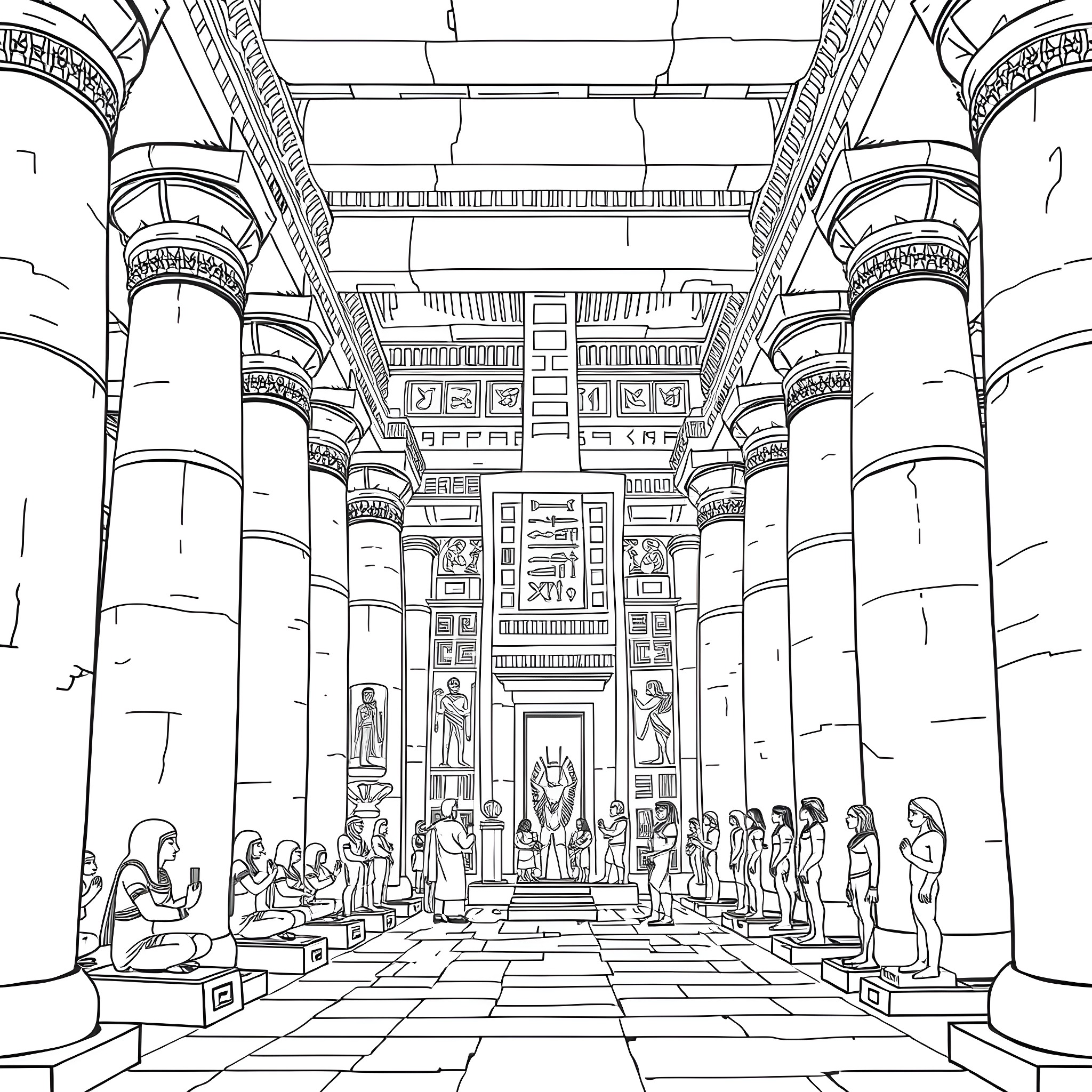Temple of Ancient Egyptian Pharaoh Ceremony Coloring Page (free black-and-white line drawing printable PDF for all, from beginners to advanced learners, including children, teens, adults, and seniors)