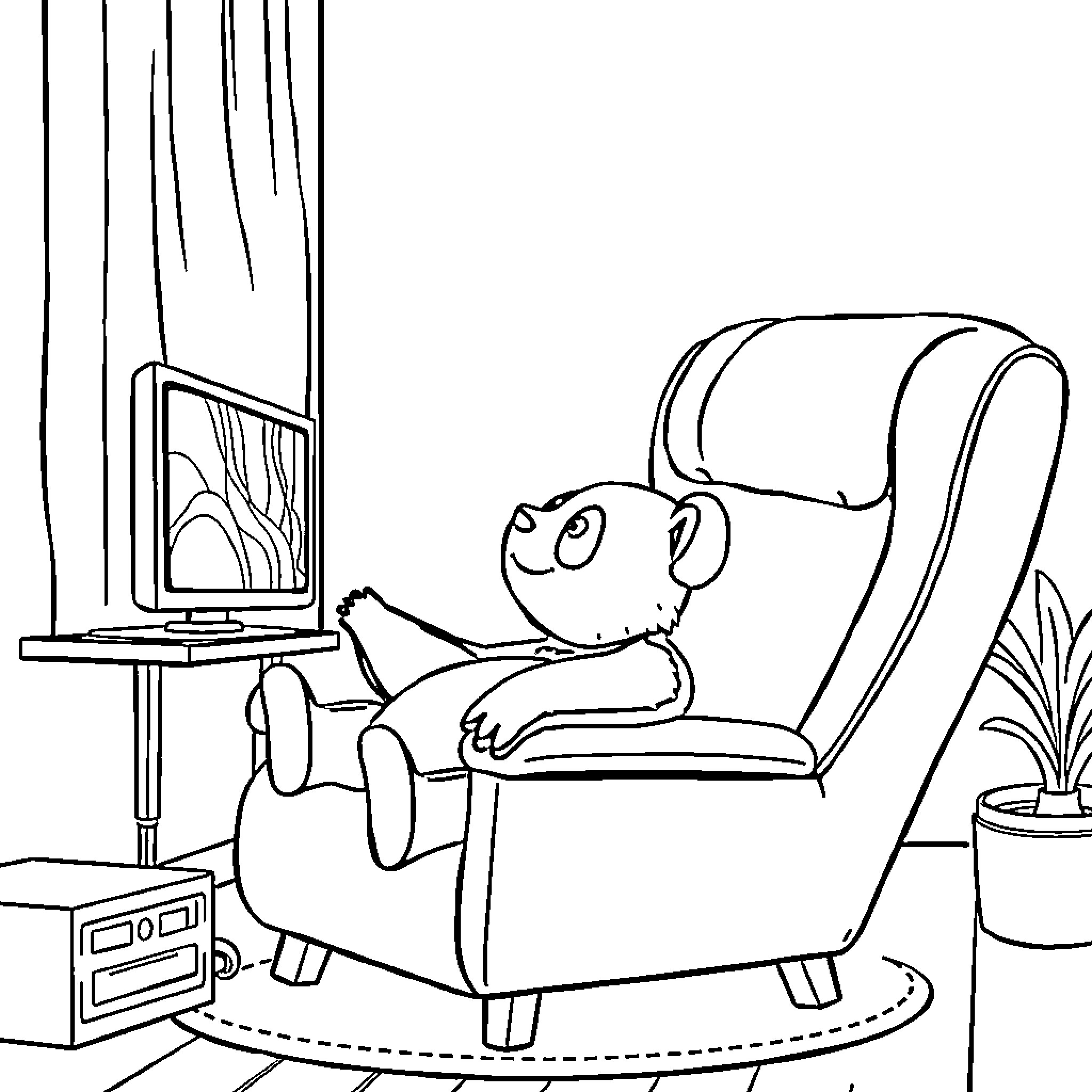 Panda relaxing and watching television Coloring Page (free black-and-white line drawing printable PDF for all, from beginners to advanced learners, including children, teens, adults, and seniors)