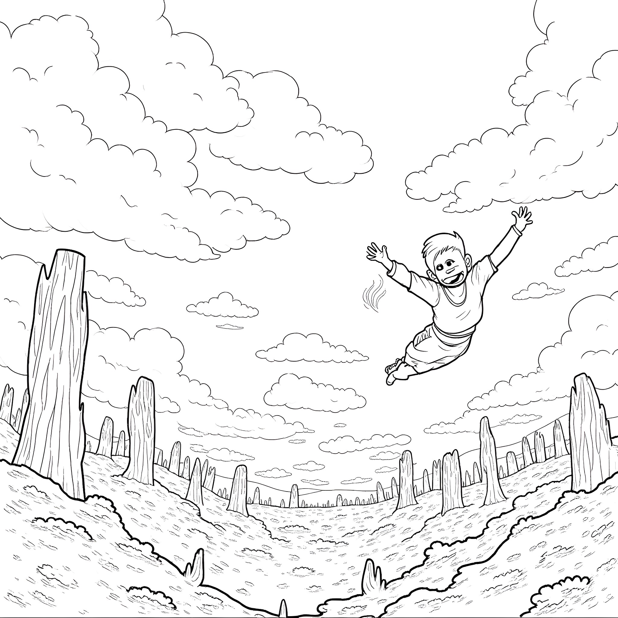 Man freely floating among clouds in rugged landscape Coloring Page (free black-and-white line drawing printable PDF for all, from beginners to advanced learners, including children, teens, adults, and seniors)