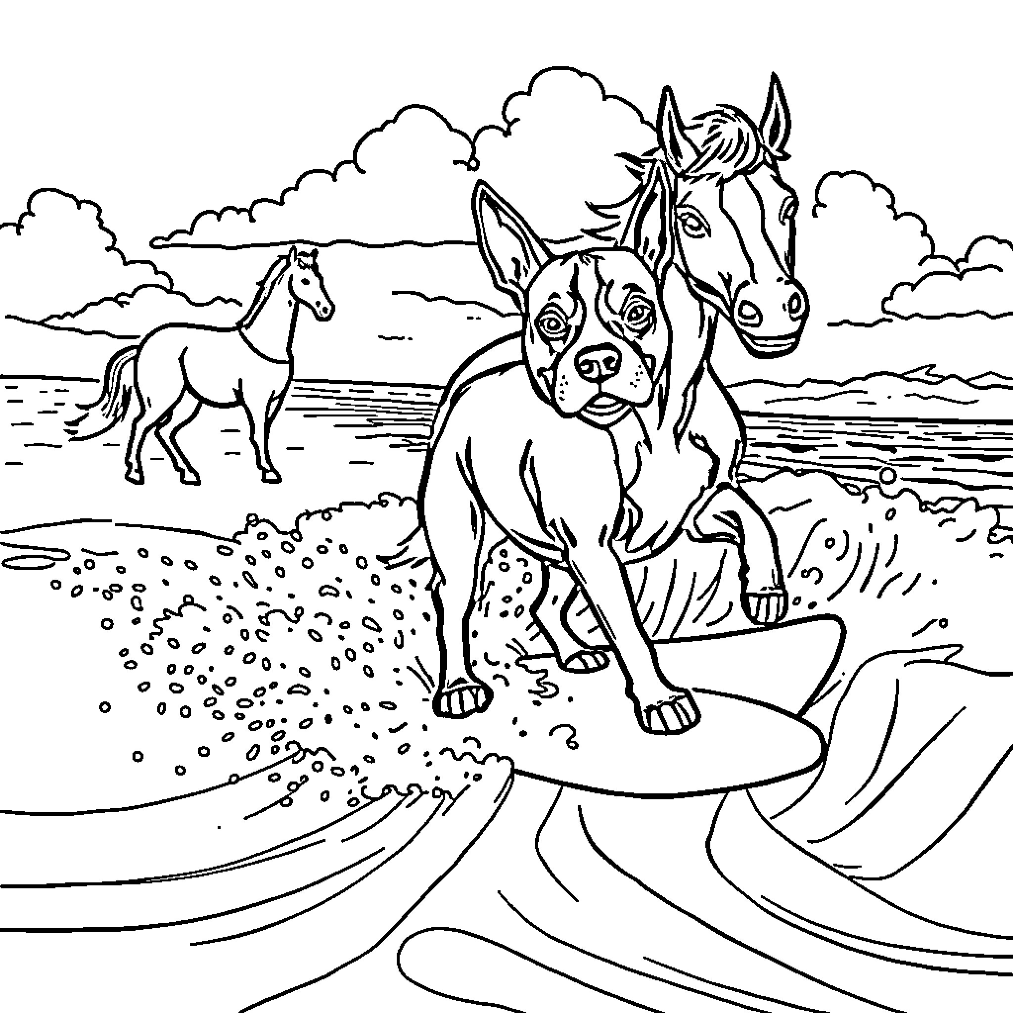 Bull Terrier Surfing in Tropical Waves with Horses Coloring Page (free black-and-white line drawing printable PDF for all, from beginners to advanced learners, including children, teens, adults, and seniors)