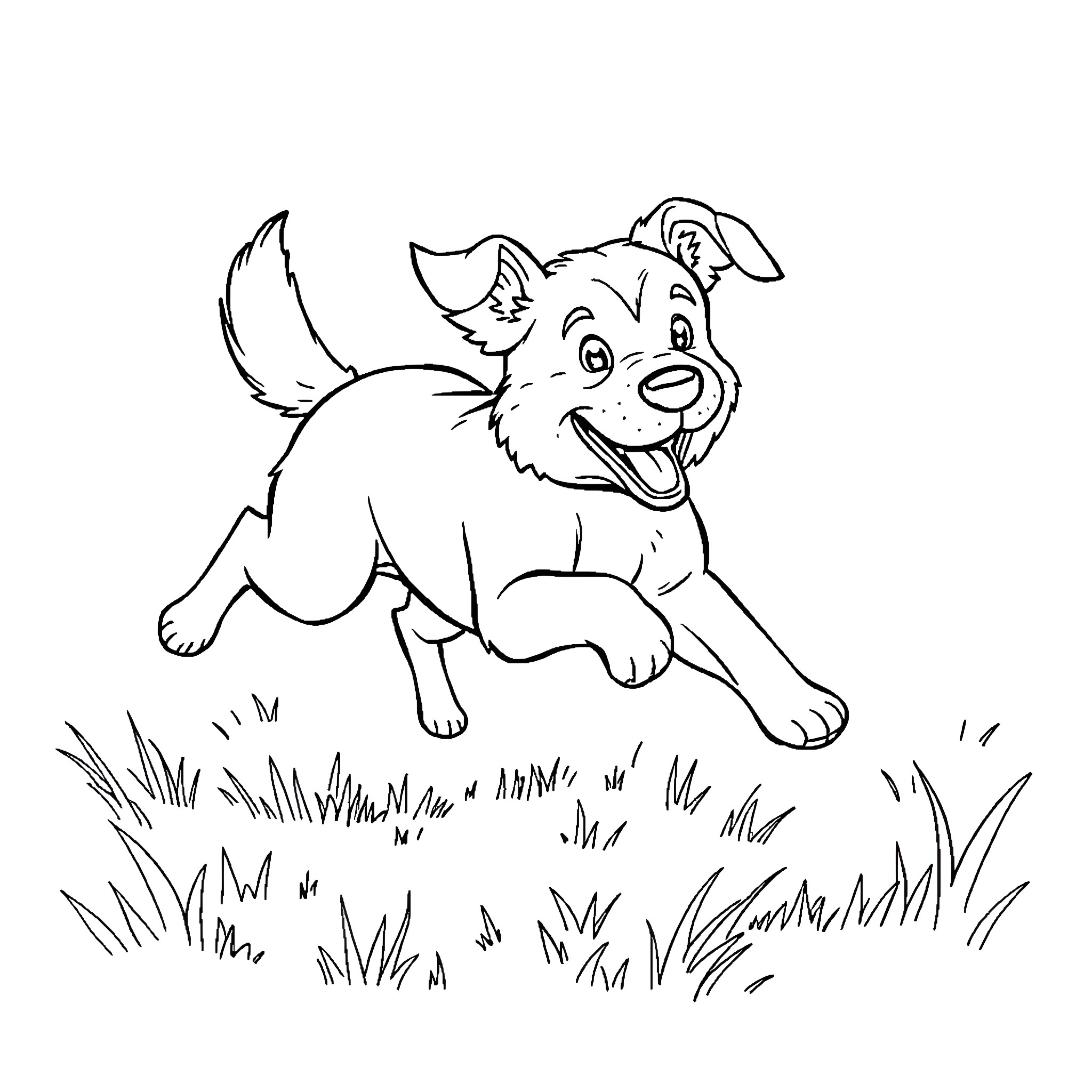 Dog chasing butterflies in the meadow Coloring Page (free black-and-white line drawing printable PDF for all, from beginners to advanced learners, including children, teens, adults, and seniors)