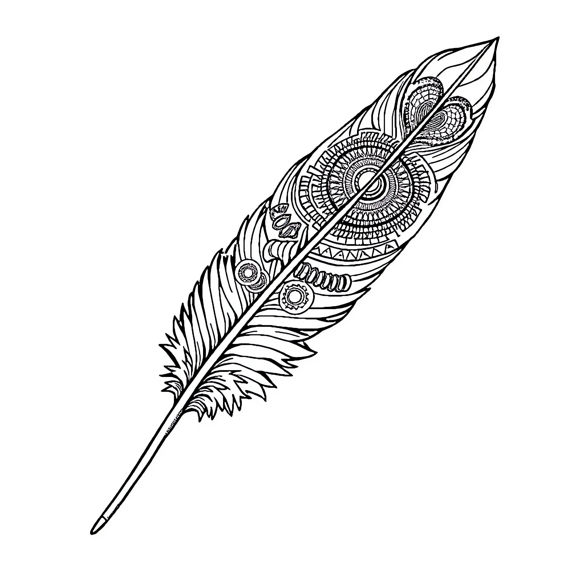 Feather with intricate tribal patterns Coloring Page (free black-and-white line drawing printable PDF for all, from beginners to advanced learners, including children, teens, adults, and seniors)