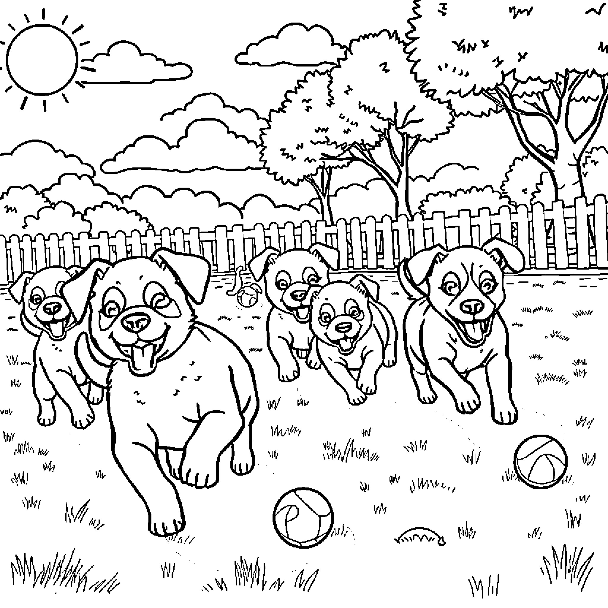 Puppies playing happily in the backyard Coloring Page (free black-and-white line drawing printable PDF for all, from beginners to advanced learners, including children, teens, adults, and seniors)
