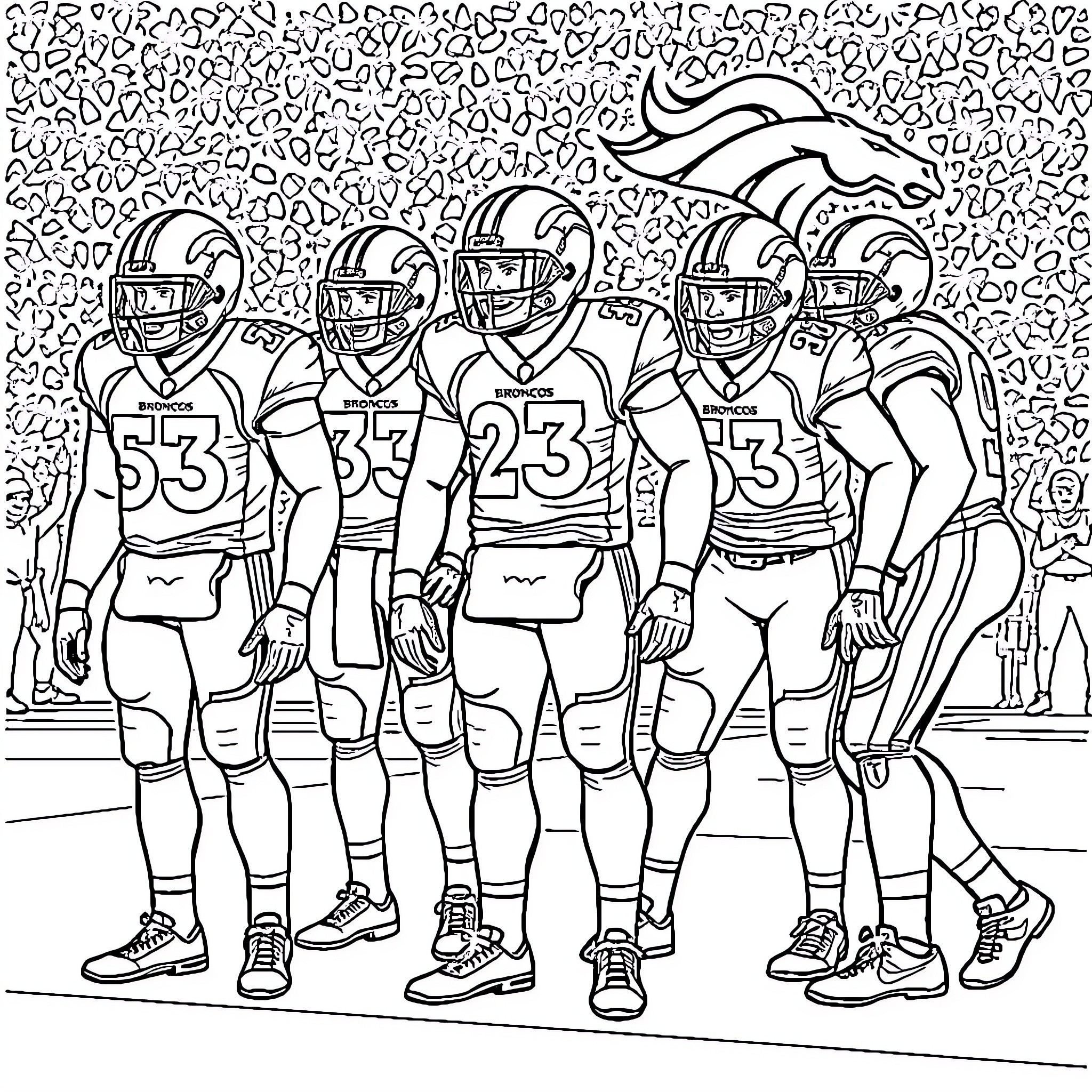 Denver Broncos players in football uniforms and gear Coloring Page (free black-and-white line drawing printable PDF for all, from beginners to advanced learners, including children, teens, adults, and seniors)
