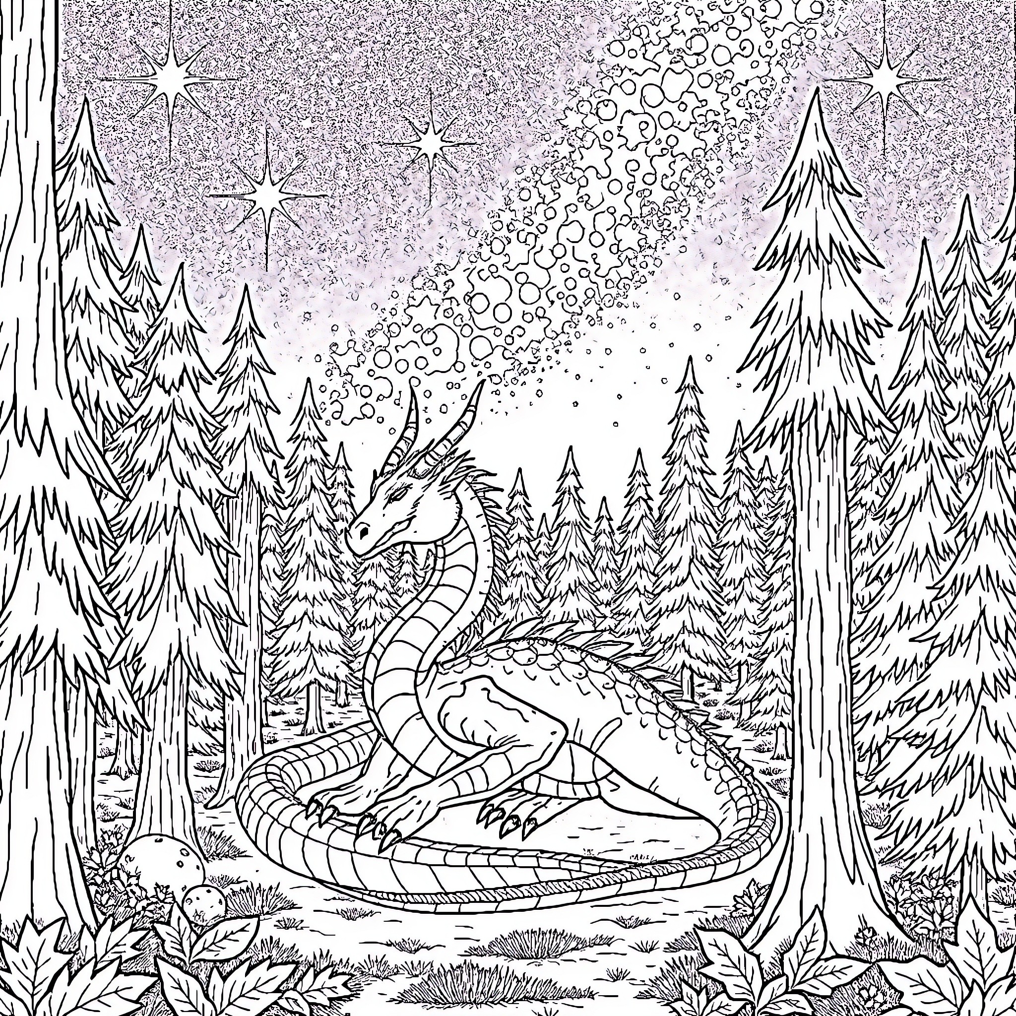 Dragon resting in a snowy forest with twinkling stars Coloring Page (free black-and-white line drawing printable PDF for all, from beginners to advanced learners, including children, teens, adults, and seniors)