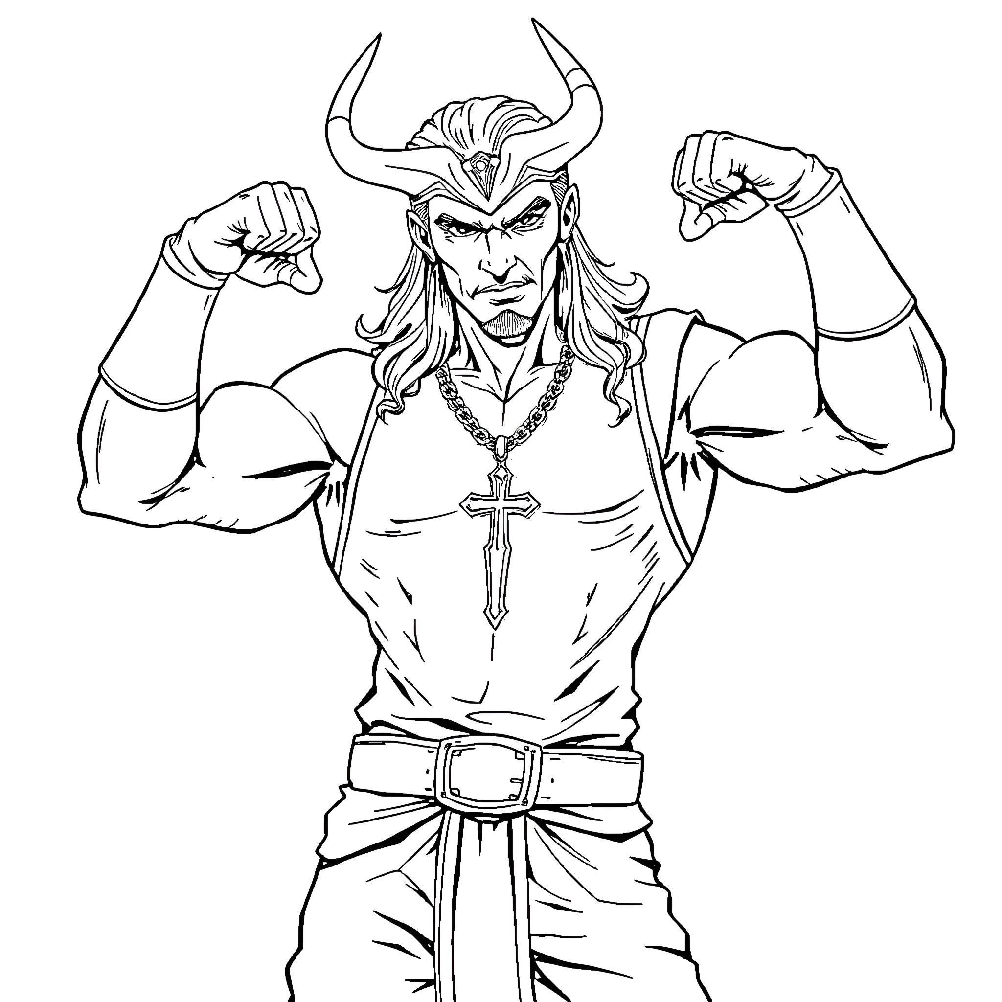 Loki in a Powerful Pose with Horned Helmet Coloring Page (free black-and-white line drawing printable PDF for all, from beginners to advanced learners, including children, teens, adults, and seniors)