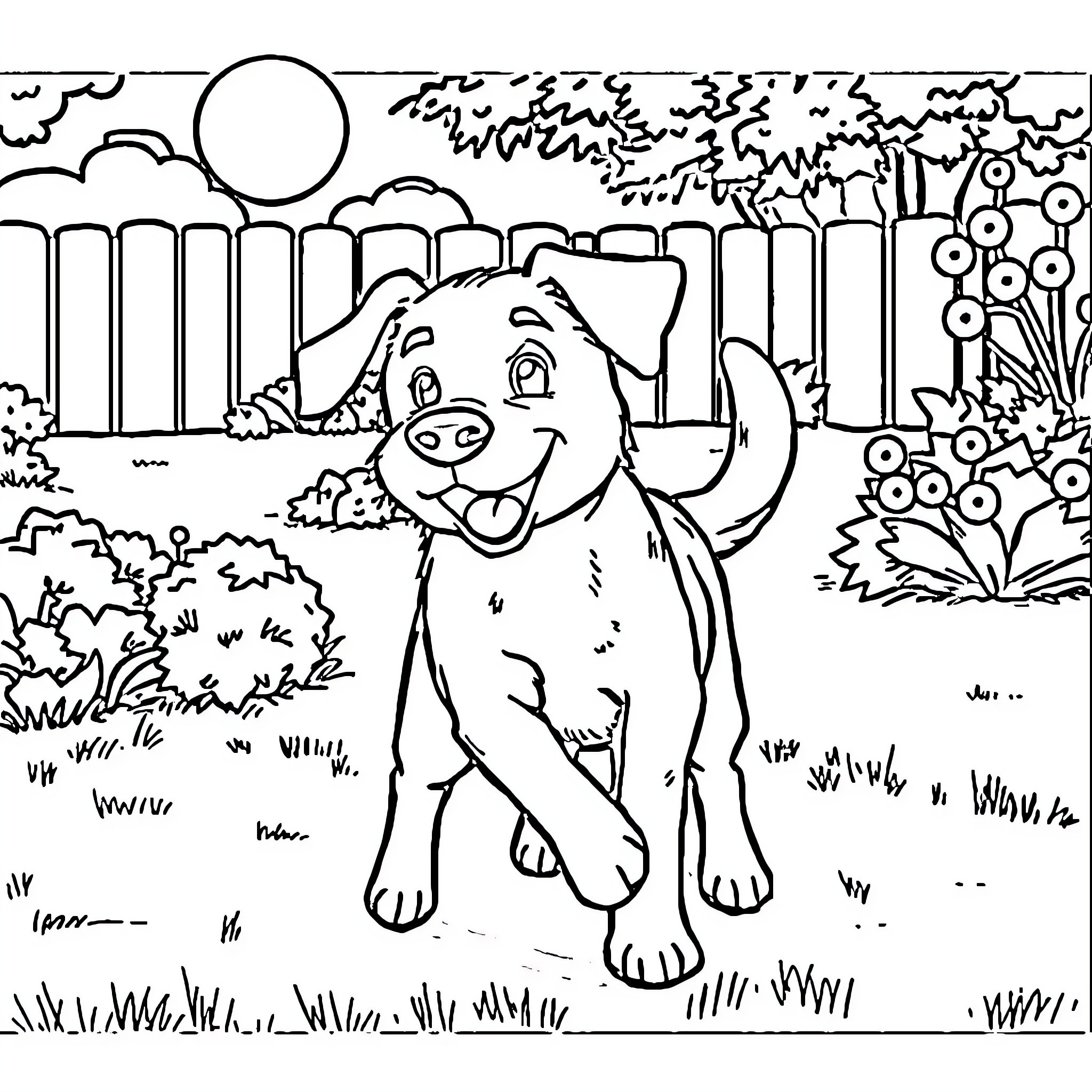 Dog happily exploring outdoor scenery Coloring Page (free black-and-white line drawing printable PDF for all, from beginners to advanced learners, including children, teens, adults, and seniors)