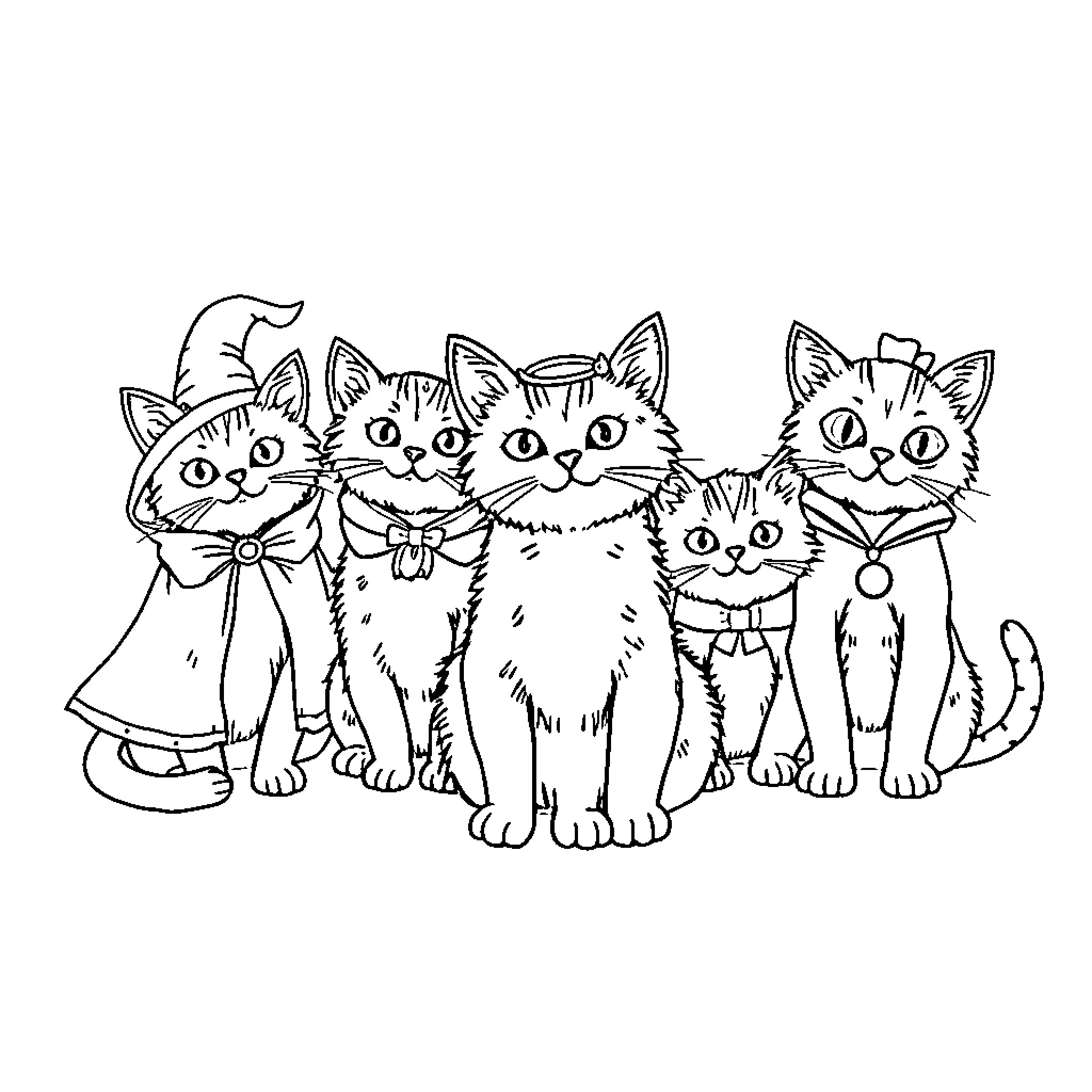 Cat Kittens in Whimsical Outfits Coloring Page (free black-and-white line drawing printable PDF for all, from beginners to advanced learners, including children, teens, adults, and seniors)
