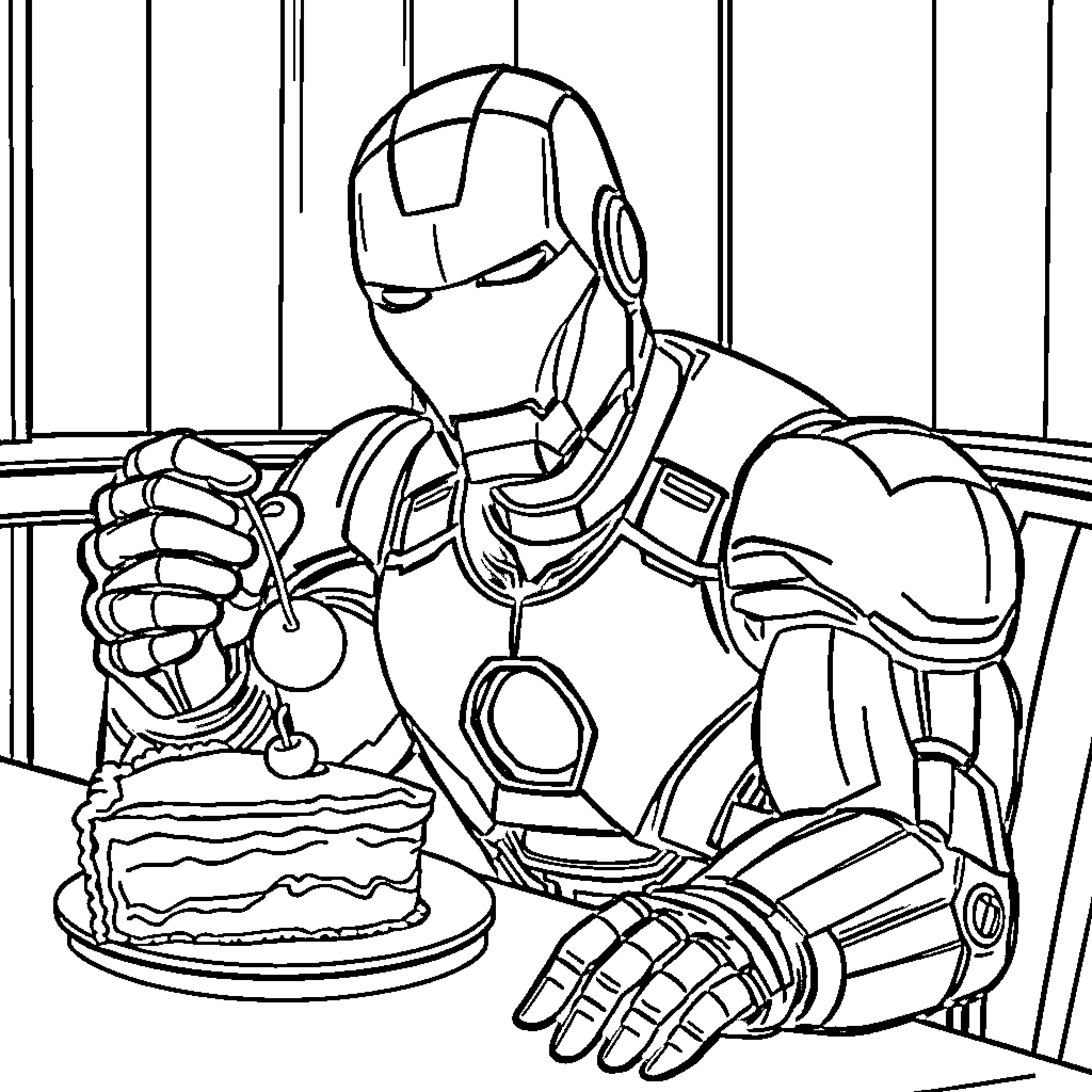 Iron Man enjoying a slice of cake in his quarters Coloring Page (free black-and-white line drawing printable PDF for all, from beginners to advanced learners, including children, teens, adults, and seniors)