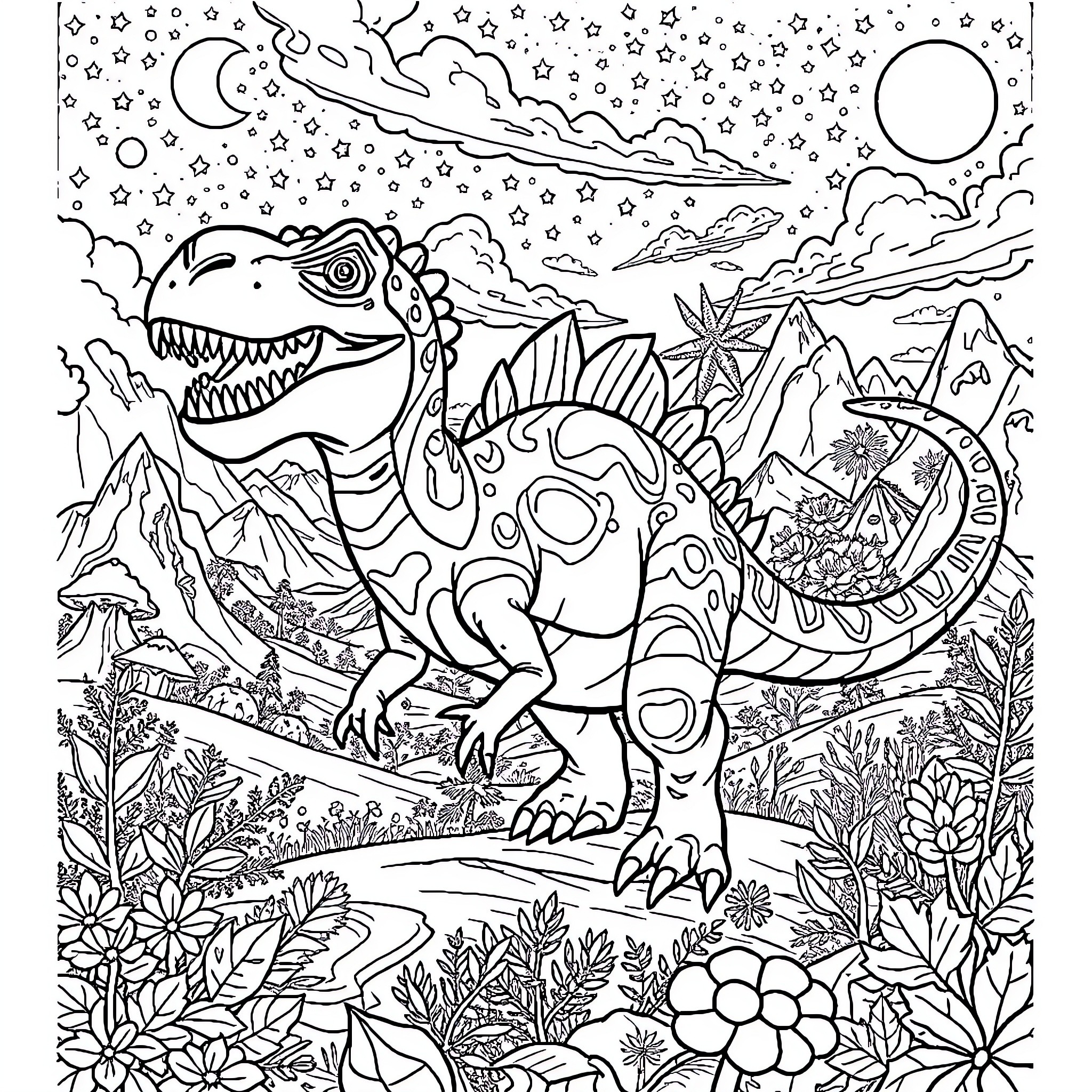 Dinosaur roaming through a fantastical landscape Coloring Page (free black-and-white line drawing printable PDF for all, from beginners to advanced learners, including children, teens, adults, and seniors)