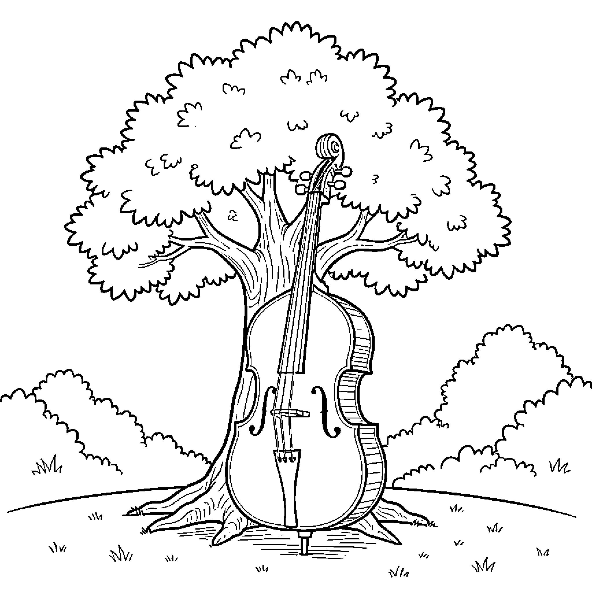 Arbre with a large musical instrument leaning against it Coloring Page (free black-and-white line drawing printable PDF for all, from beginners to advanced learners, including children, teens, adults, and seniors)