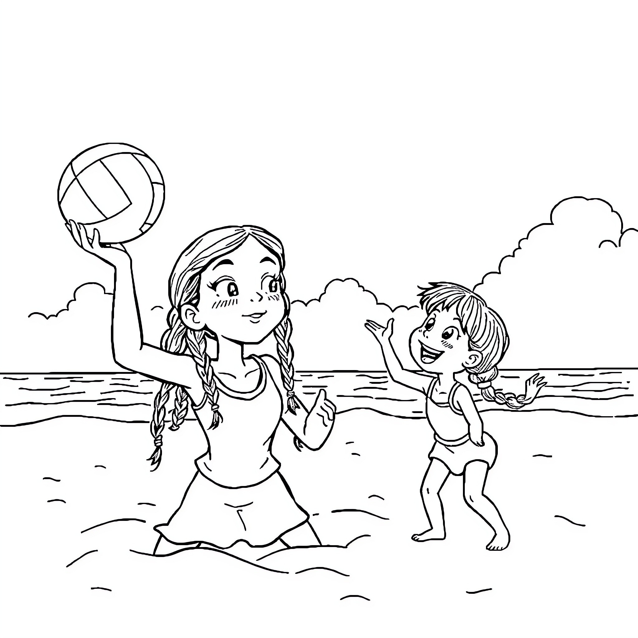 Wednesday Addams plays volleyball with a friend on the beach Coloring Page (free black-and-white line drawing printable PDF for all, from beginners to advanced learners, including children, teens, adults, and seniors)