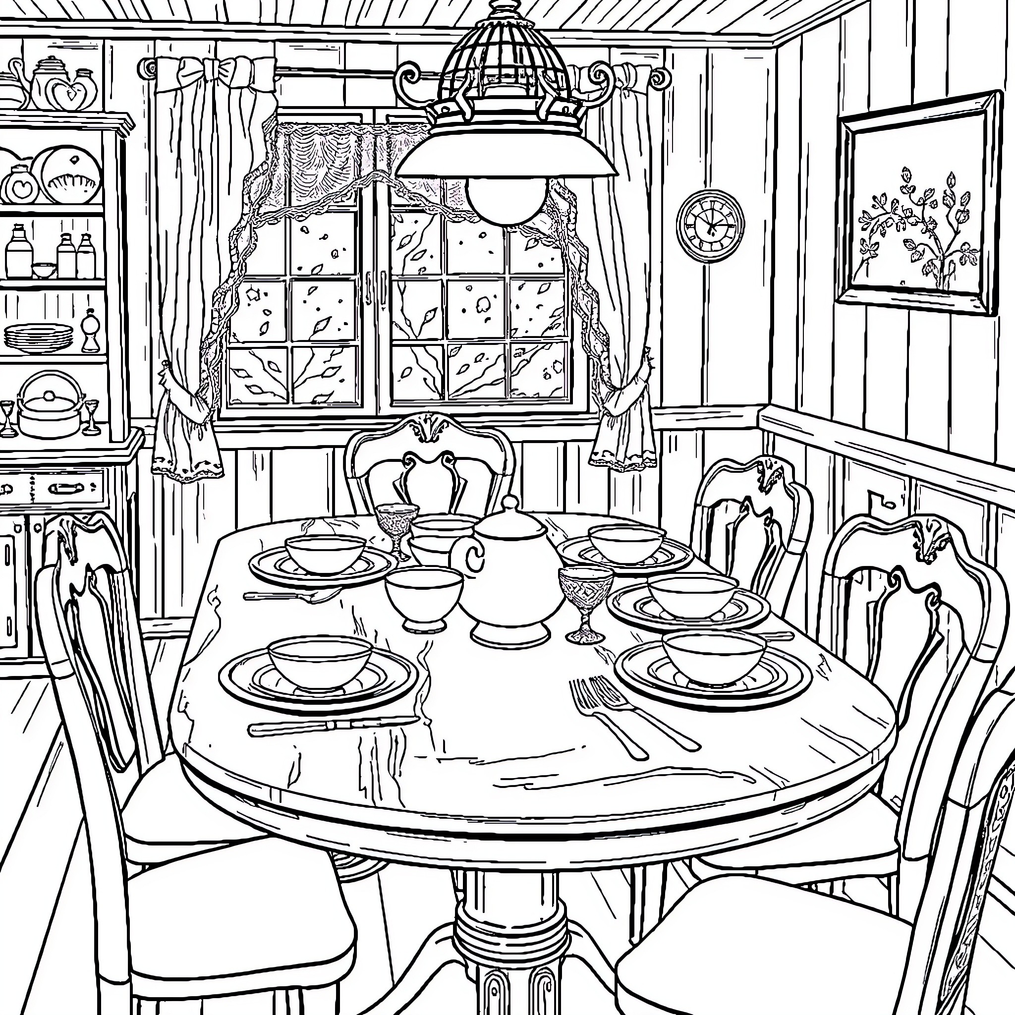 Table set for a cozy dining experience Coloring Page (free black-and-white line drawing printable PDF for all, from beginners to advanced learners, including children, teens, adults, and seniors)
