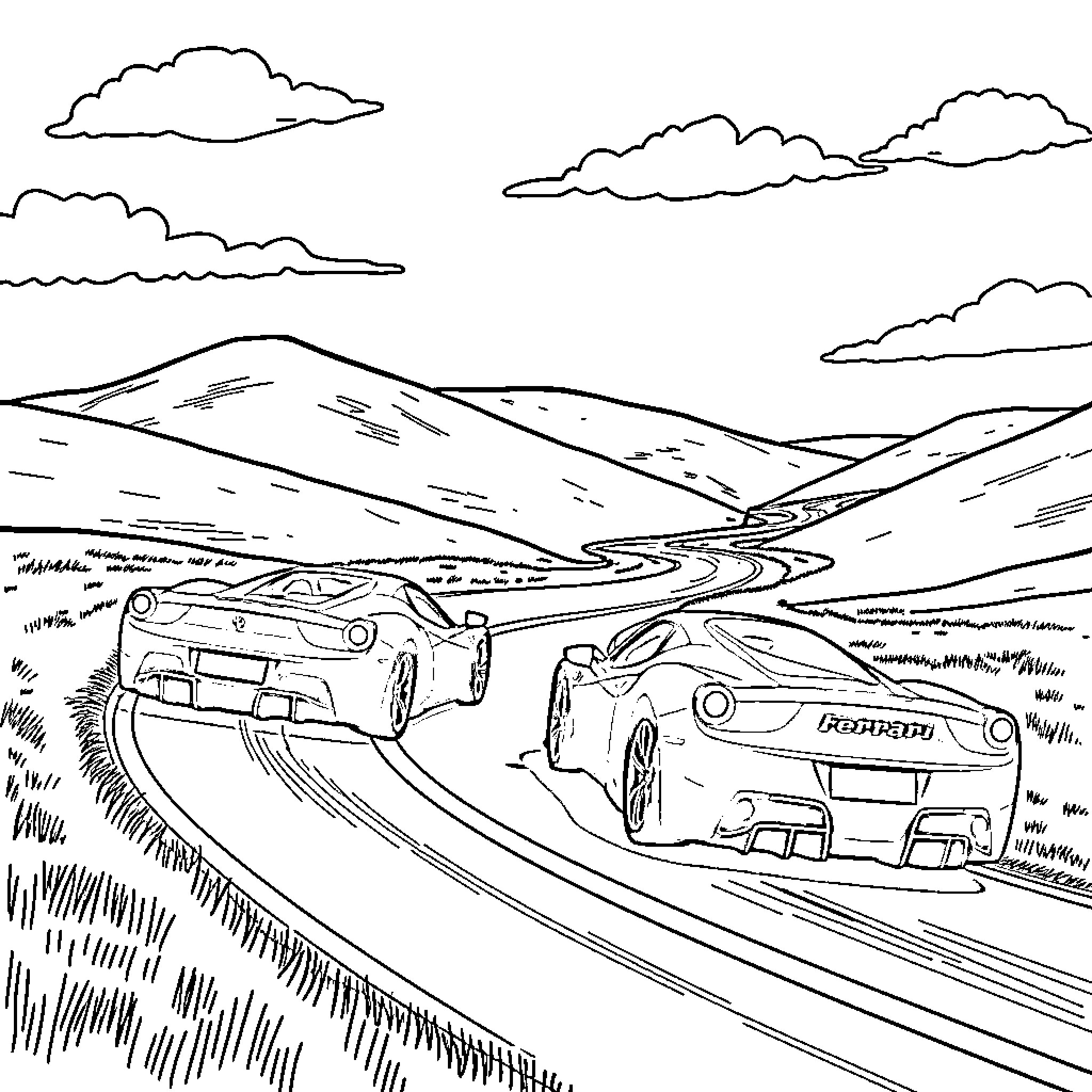 Ferrari sports cars racing on winding mountain road Coloring Page (free black-and-white line drawing printable PDF for all, from beginners to advanced learners, including children, teens, adults, and seniors)