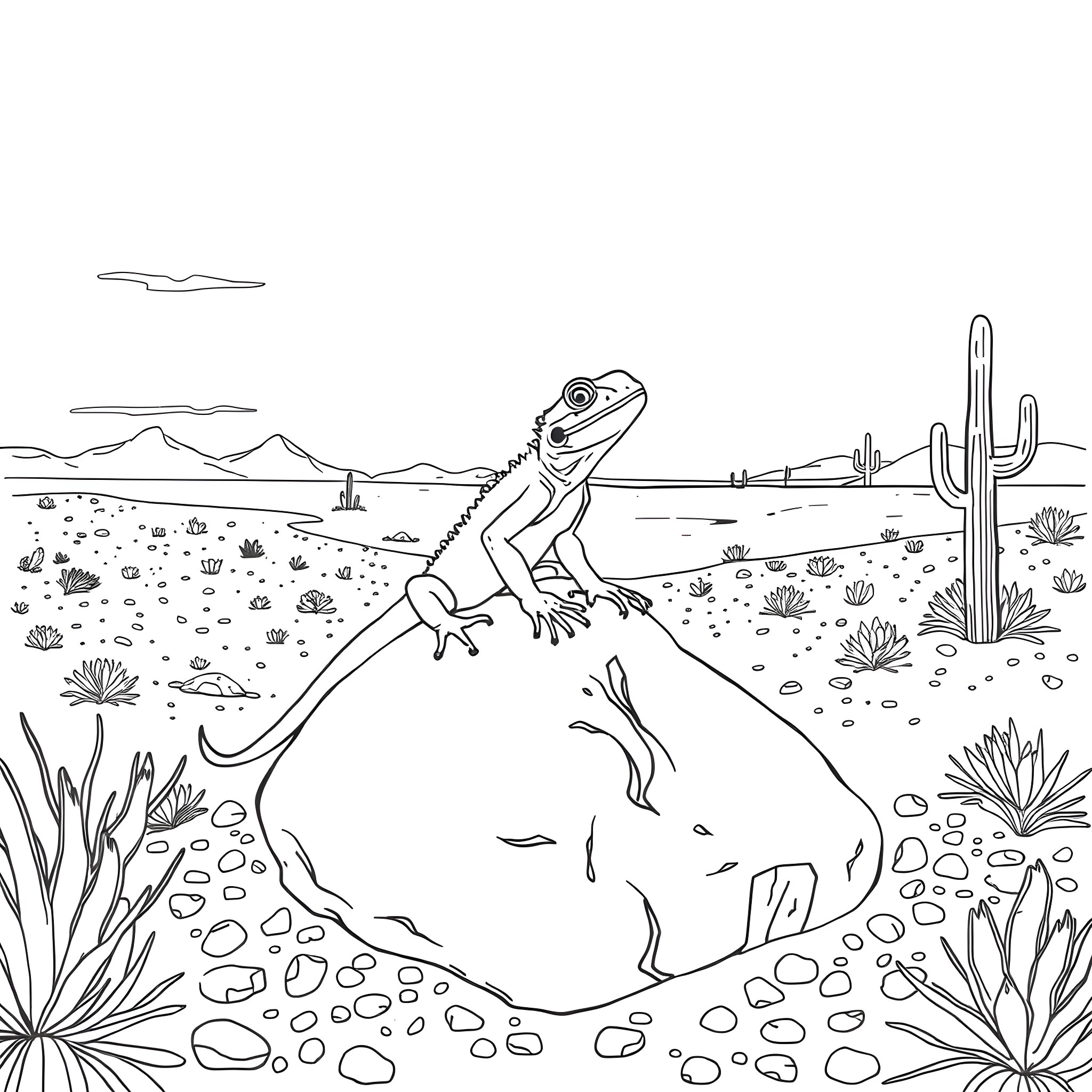 Lizard basking on a desert rock surrounded by cacti Coloring Page (free black-and-white line drawing printable PDF for all, from beginners to advanced learners, including children, teens, adults, and seniors)