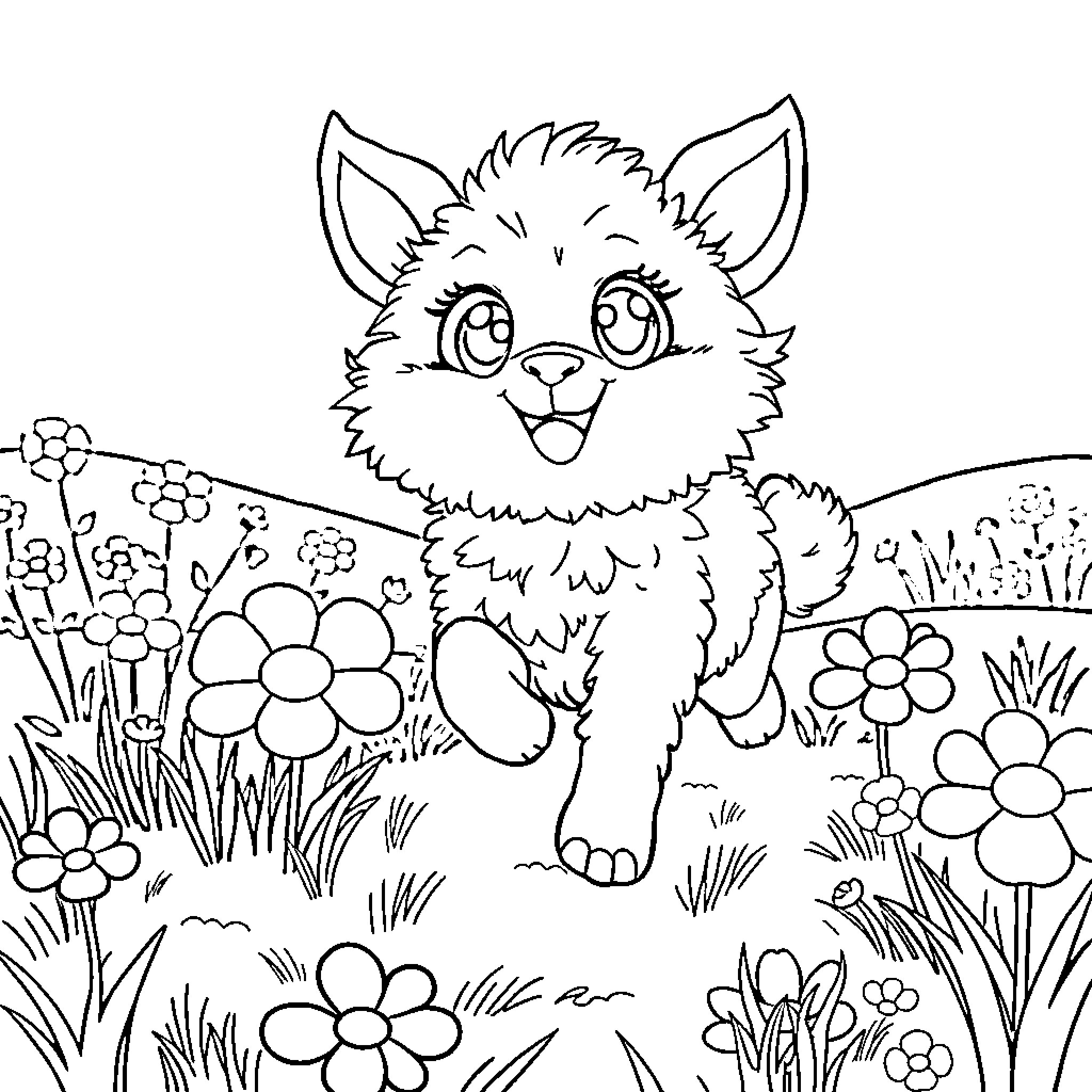 Labubu's Cheerful Floral Adventure Coloring Page (free black-and-white line drawing printable PDF for all, from beginners to advanced learners, including children, teens, adults, and seniors)