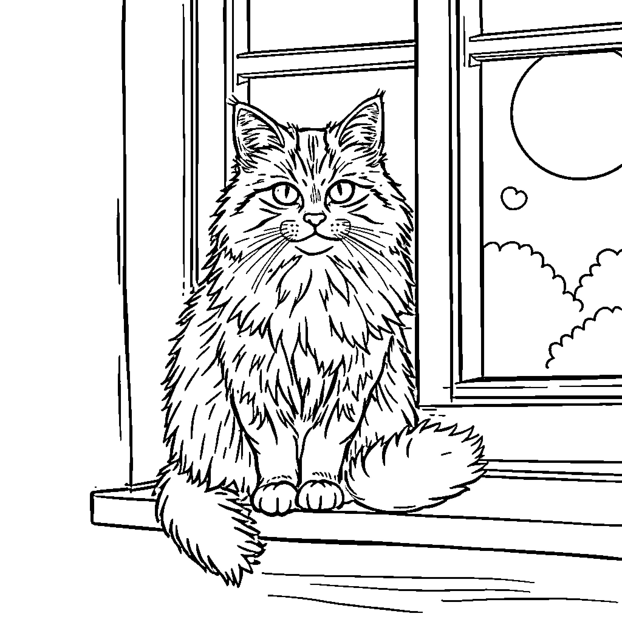 Cat Sitting Calmly by Window Coloring Page (free black-and-white line drawing printable PDF for all, from beginners to advanced learners, including children, teens, adults, and seniors)