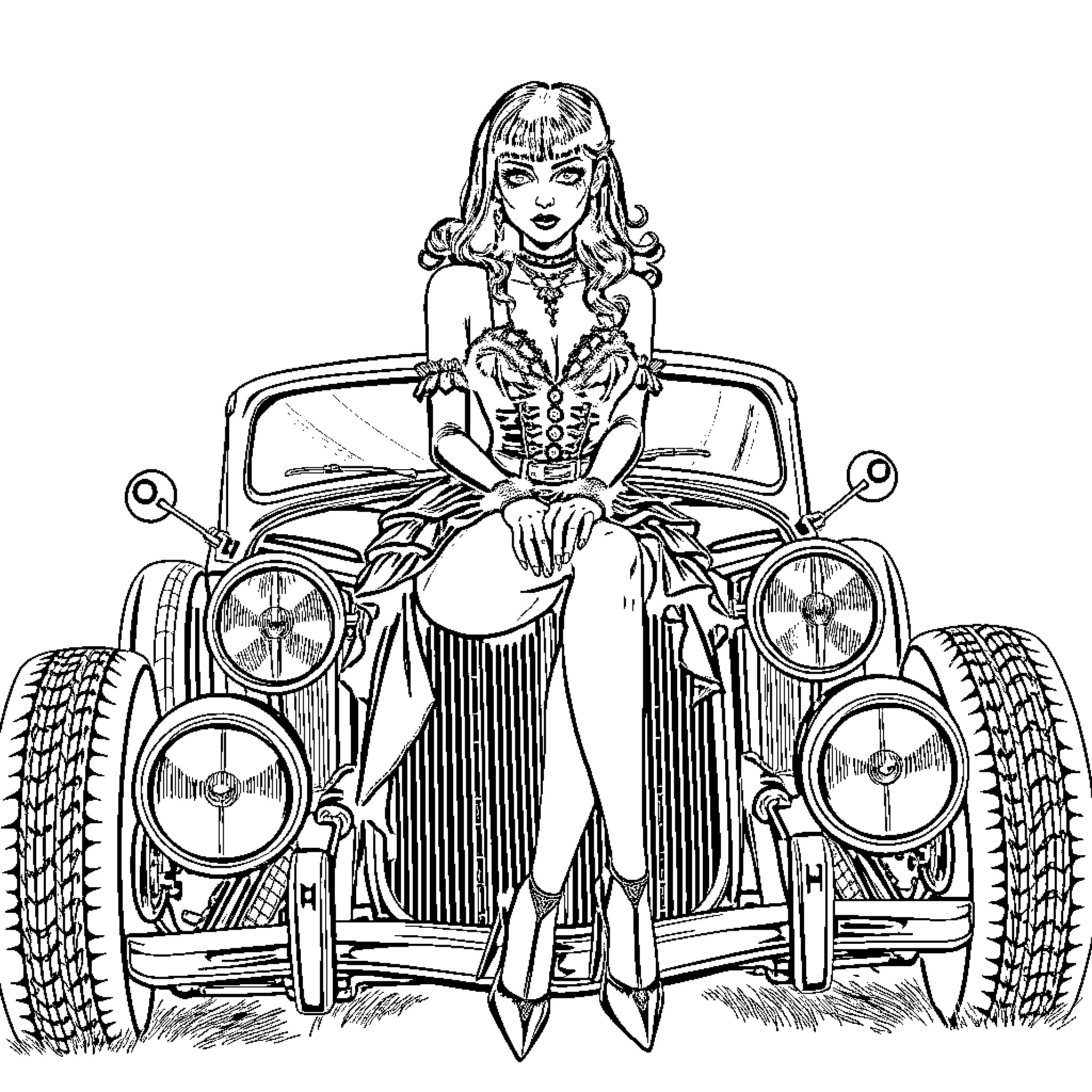 Gothic Pin-Up Femme Fatale with Classic Car Coloring Page (free black-and-white line drawing printable PDF for all, from beginners to advanced learners, including children, teens, adults, and seniors)