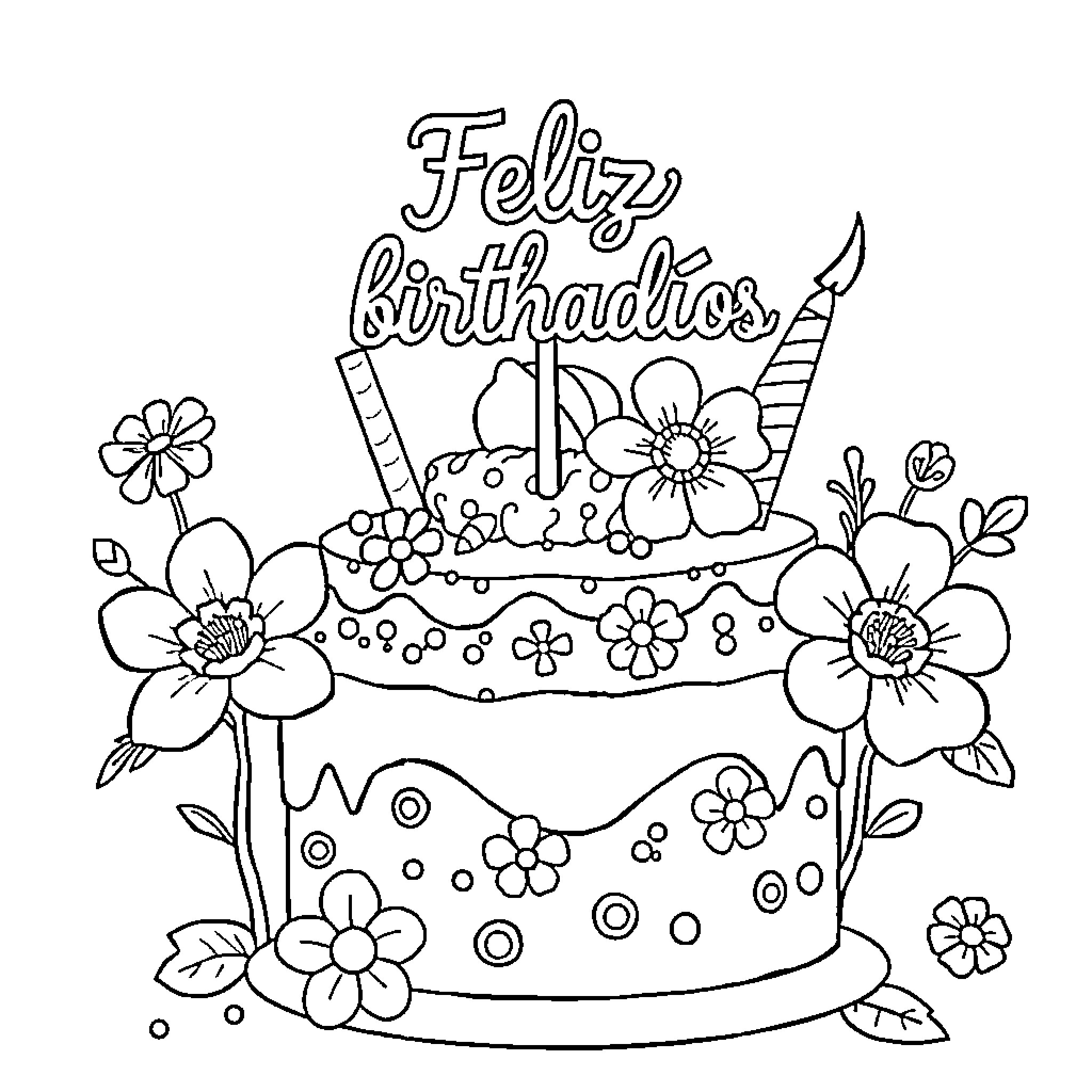 Birthday Cake with Festive Decorations Coloring Page (free black-and-white line drawing printable PDF for all, from beginners to advanced learners, including children, teens, adults, and seniors)