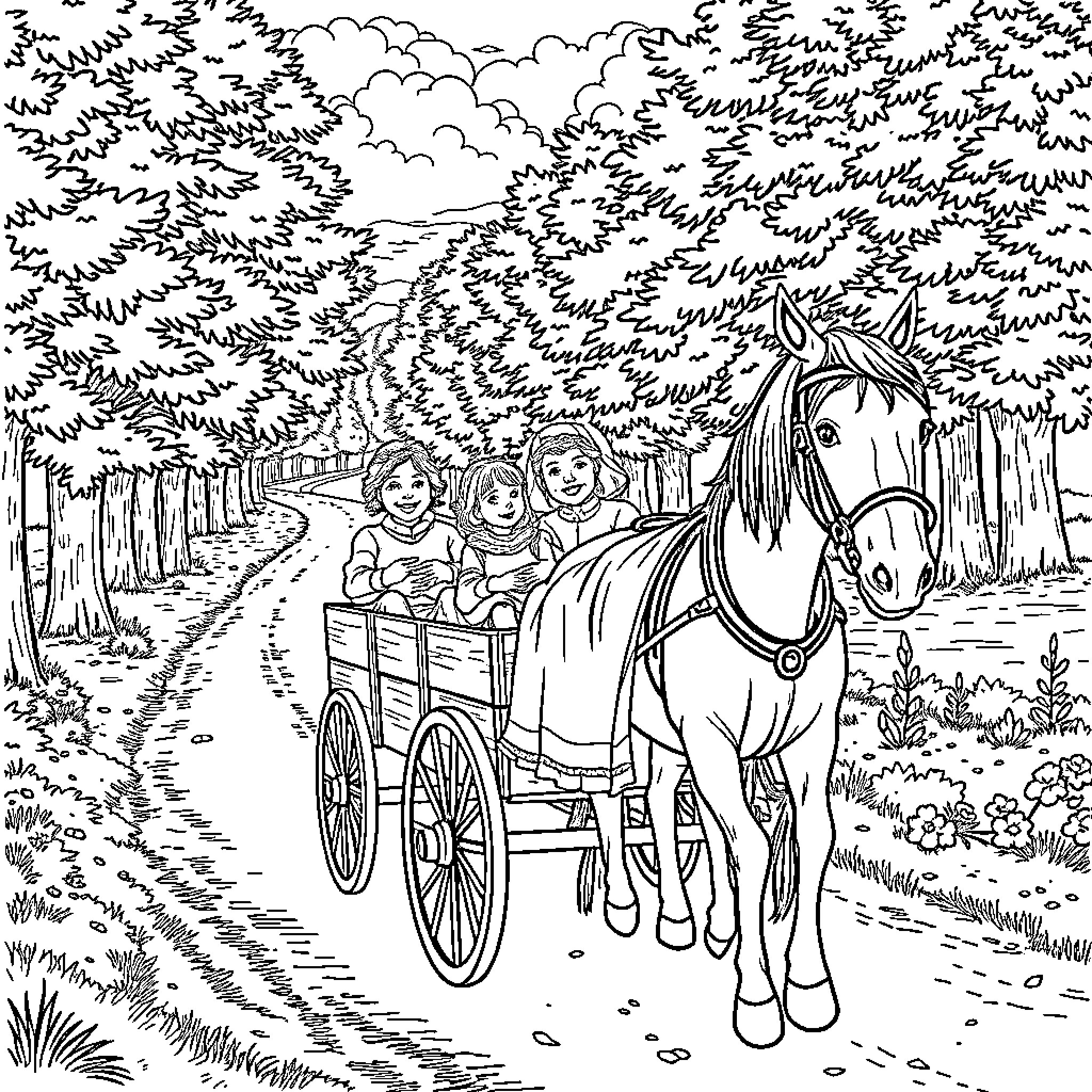 Anne of Green Gables riding in a horse-drawn carriage Coloring Page (free black-and-white line drawing printable PDF for all, from beginners to advanced learners, including children, teens, adults, and seniors)