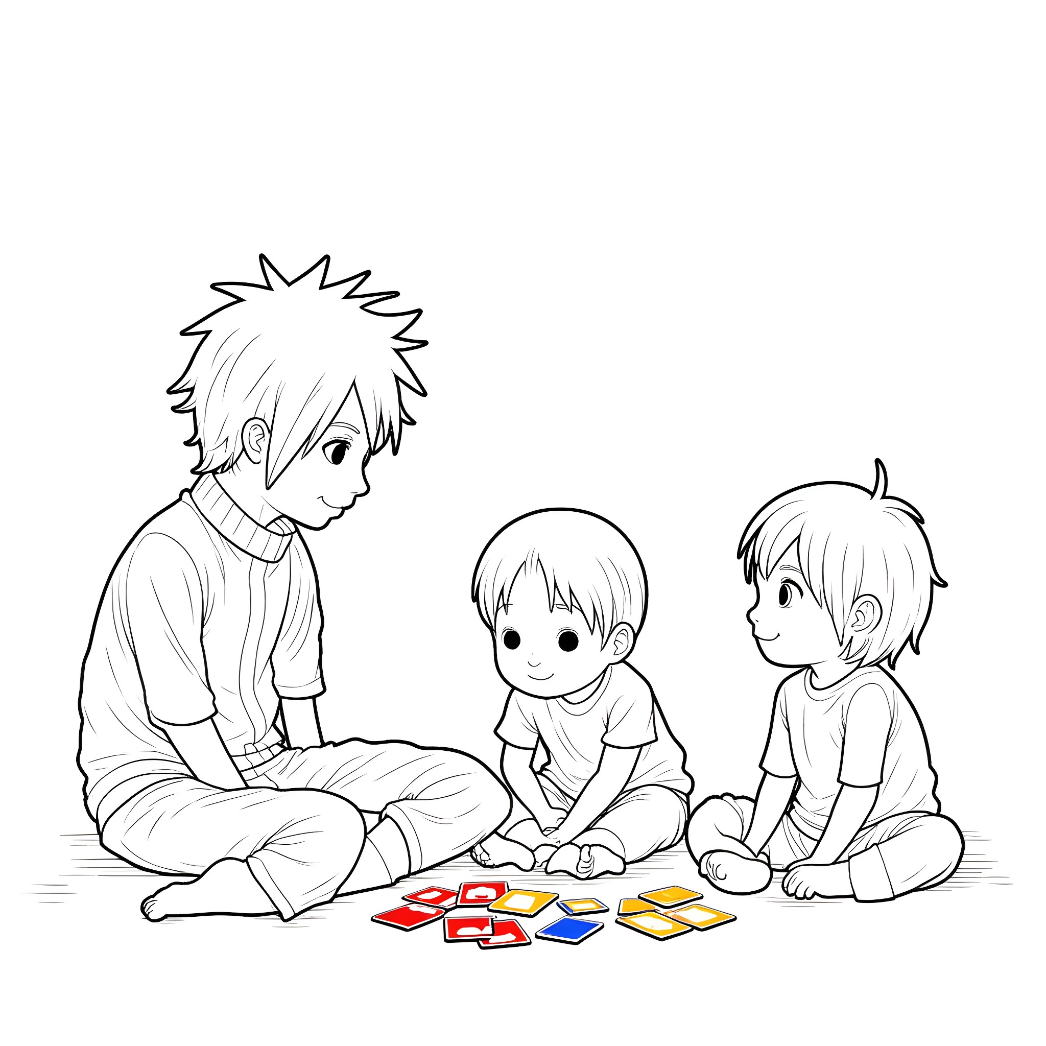 Naruto Characters Playing with Blocks Coloring Page (free black-and-white line drawing printable PDF for all, from beginners to advanced learners, including children, teens, adults, and seniors)