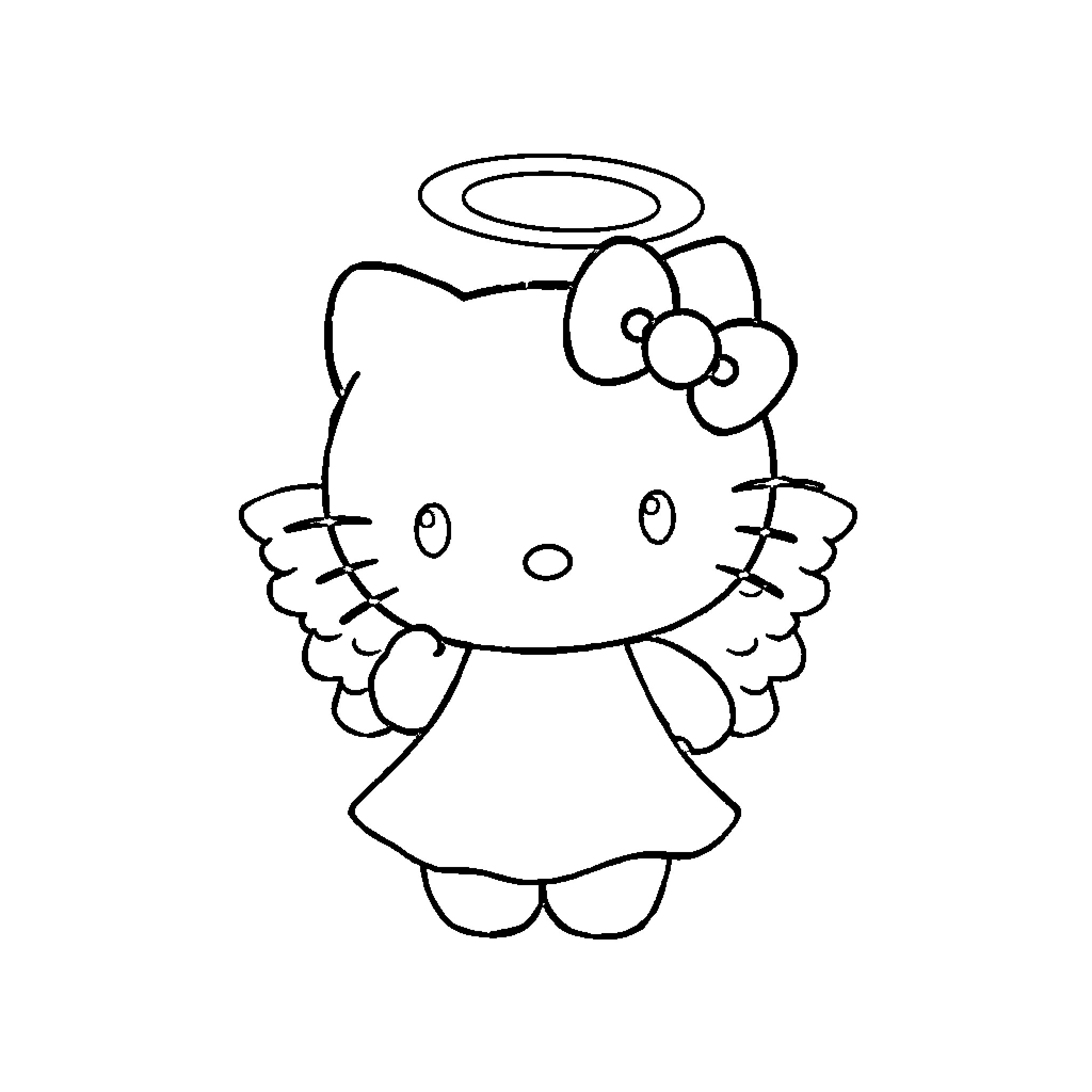 Angel Hello Kitty with Halo and Wings Coloring Page (free black-and-white line drawing printable PDF for all, from beginners to advanced learners, including children, teens, adults, and seniors)