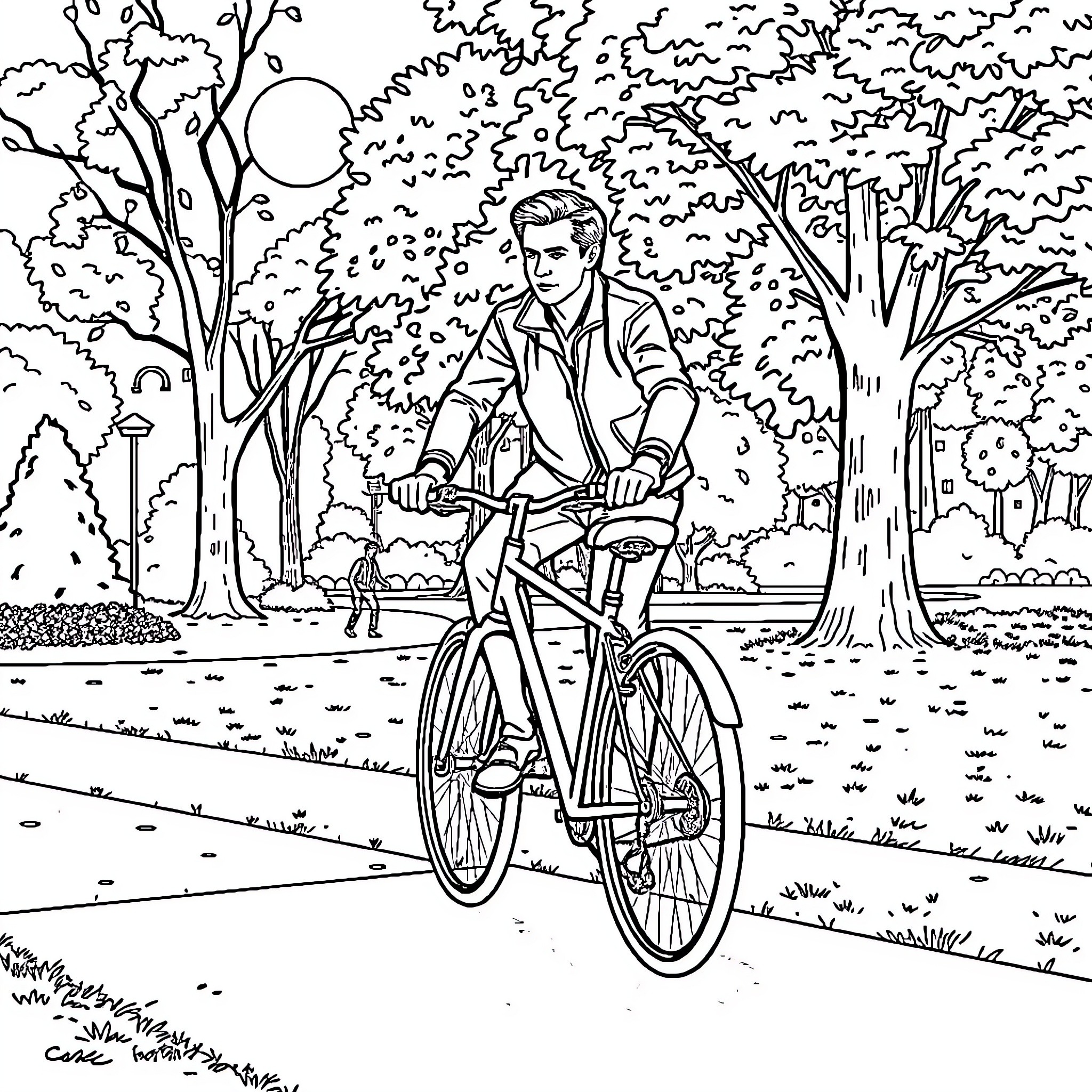 Macron cycling through a serene park Coloring Page (free black-and-white line drawing printable PDF for all, from beginners to advanced learners, including children, teens, adults, and seniors)