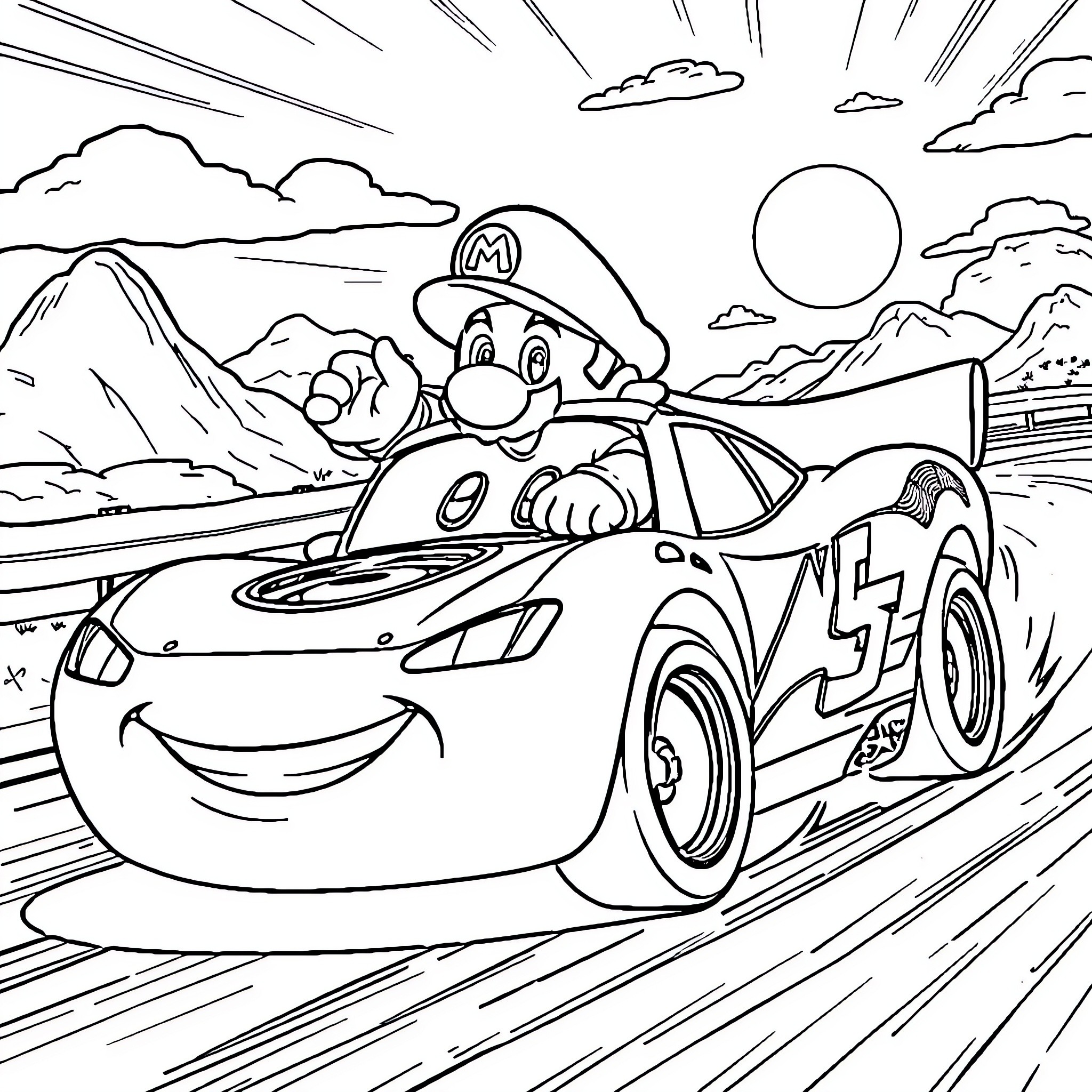 Mario Racing Car Through Scenic Landscape Coloring Page (free black-and-white line drawing printable PDF for all, from beginners to advanced learners, including children, teens, adults, and seniors)